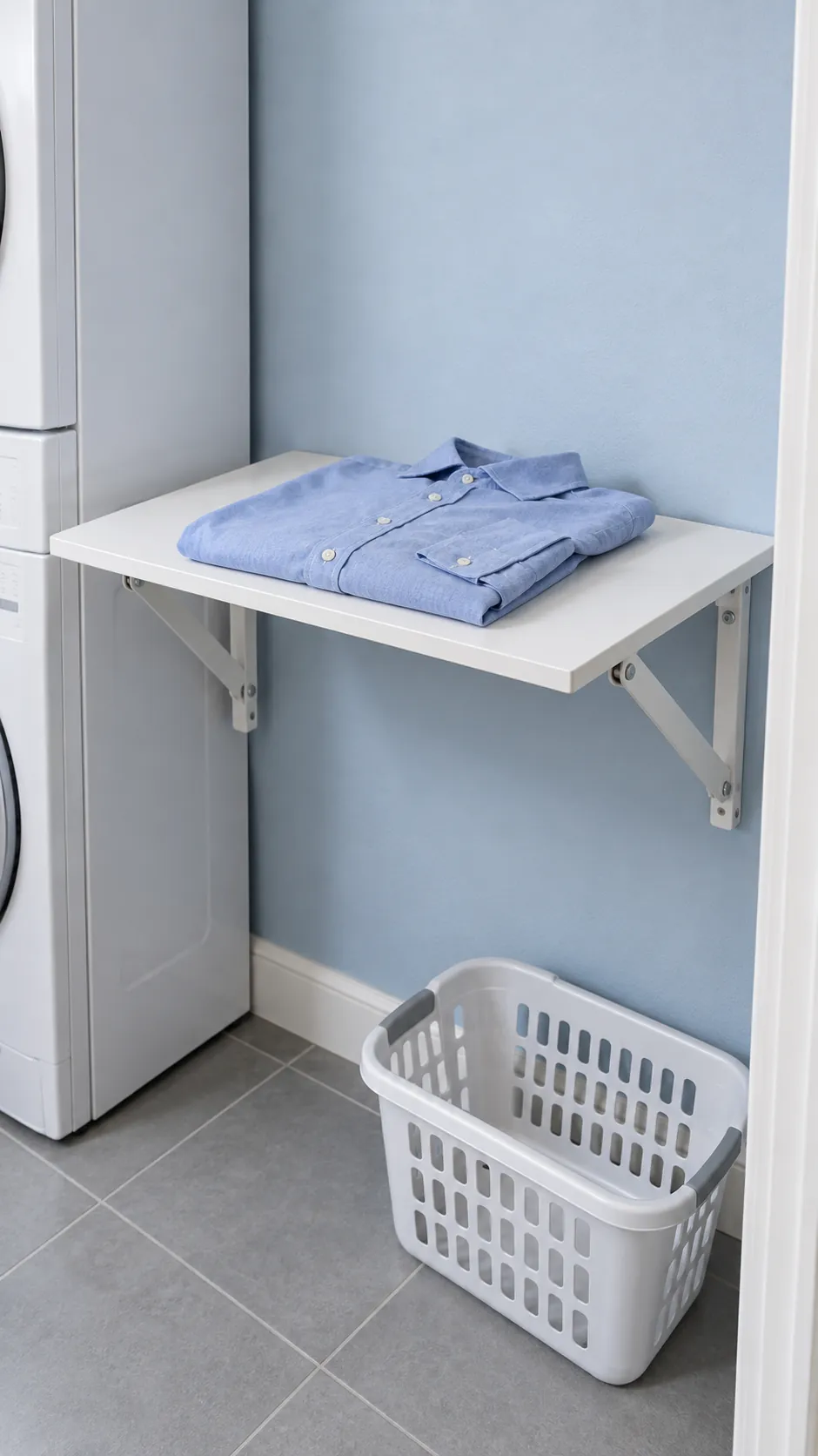 A narrow wall flap for one garment at a time as a temporary small laundry folding station