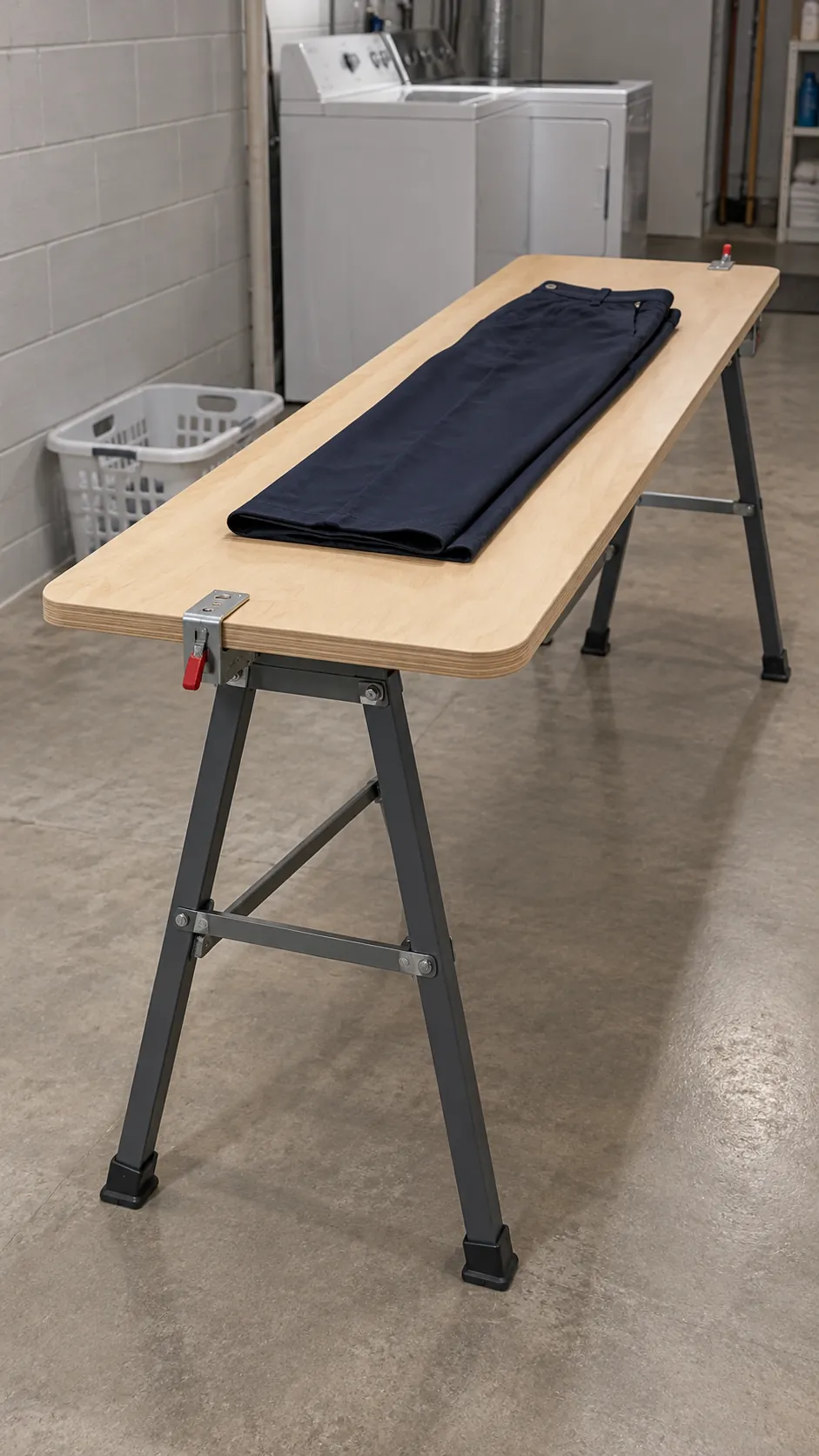 A removable board on folding trestles as a temporary small laundry folding station