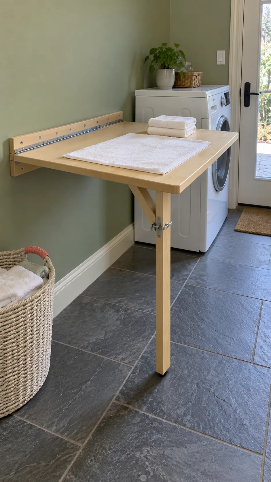 A wider drop leaf with a folding support leg as a temporary small laundry folding station