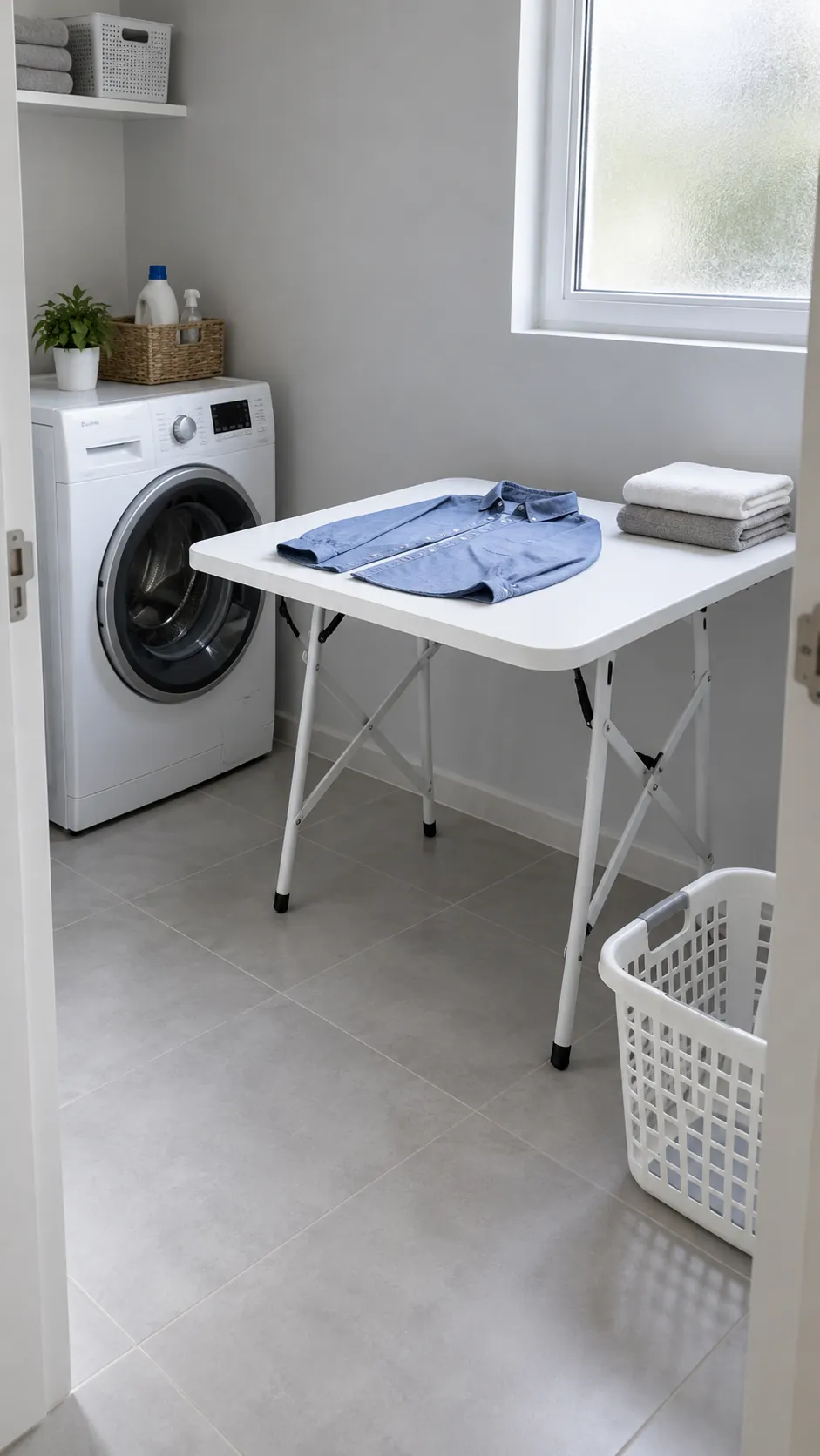 Temporary folding table with clear appliance access in a small laundry room