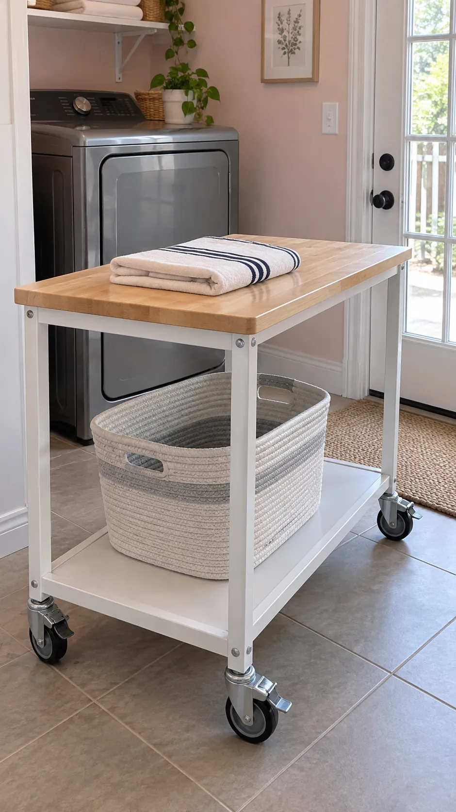 A cart with a firm top and locking wheels as a temporary small laundry folding station