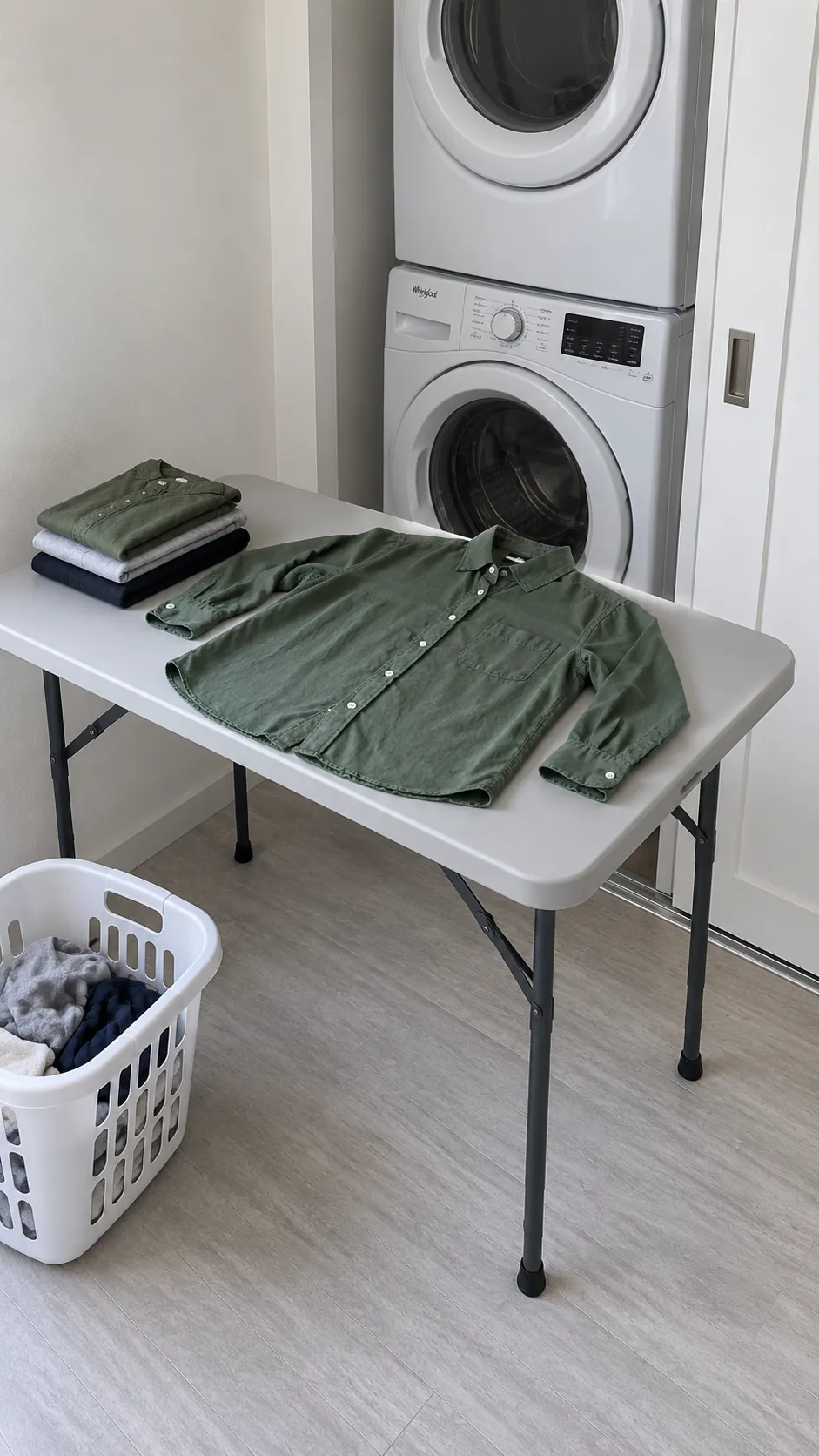 A compact folding utility table as a temporary small laundry folding station