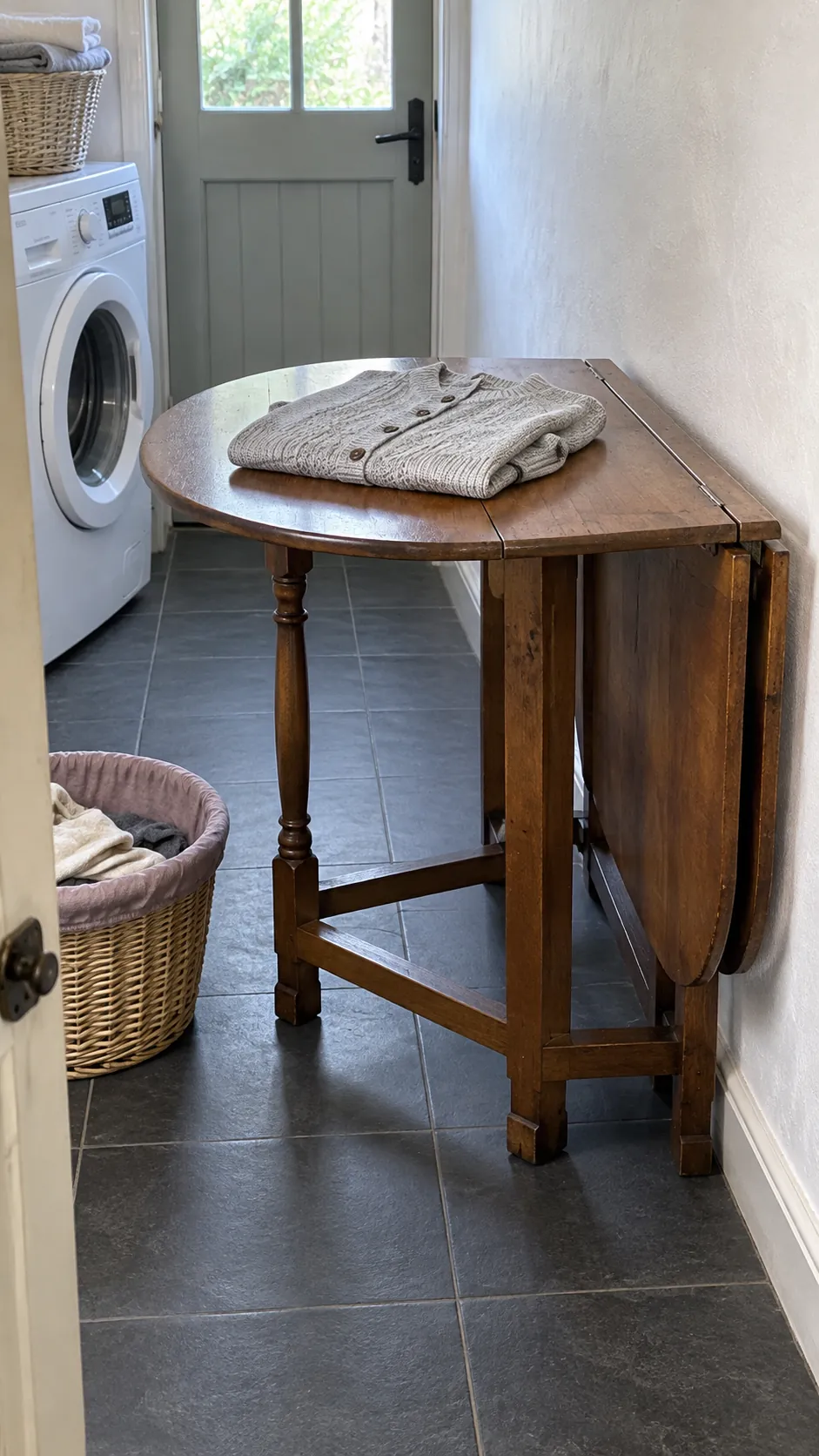A gateleg table with a small closed footprint as a temporary small laundry folding station