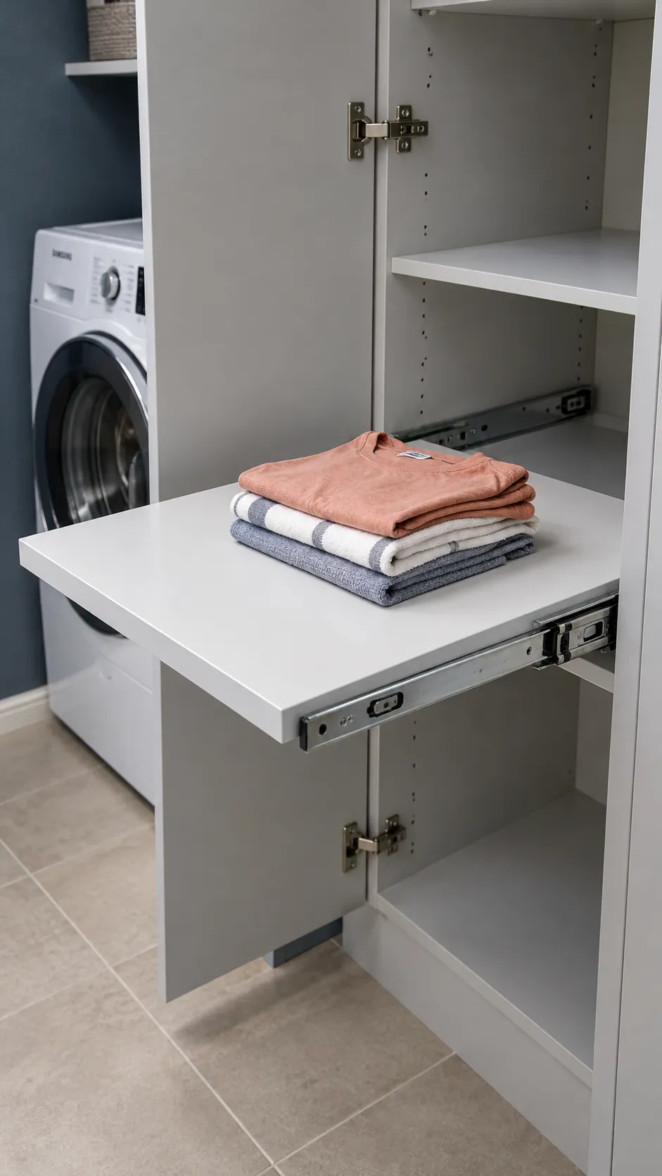 A pullout work shelf in an existing cabinet as a temporary small laundry folding station