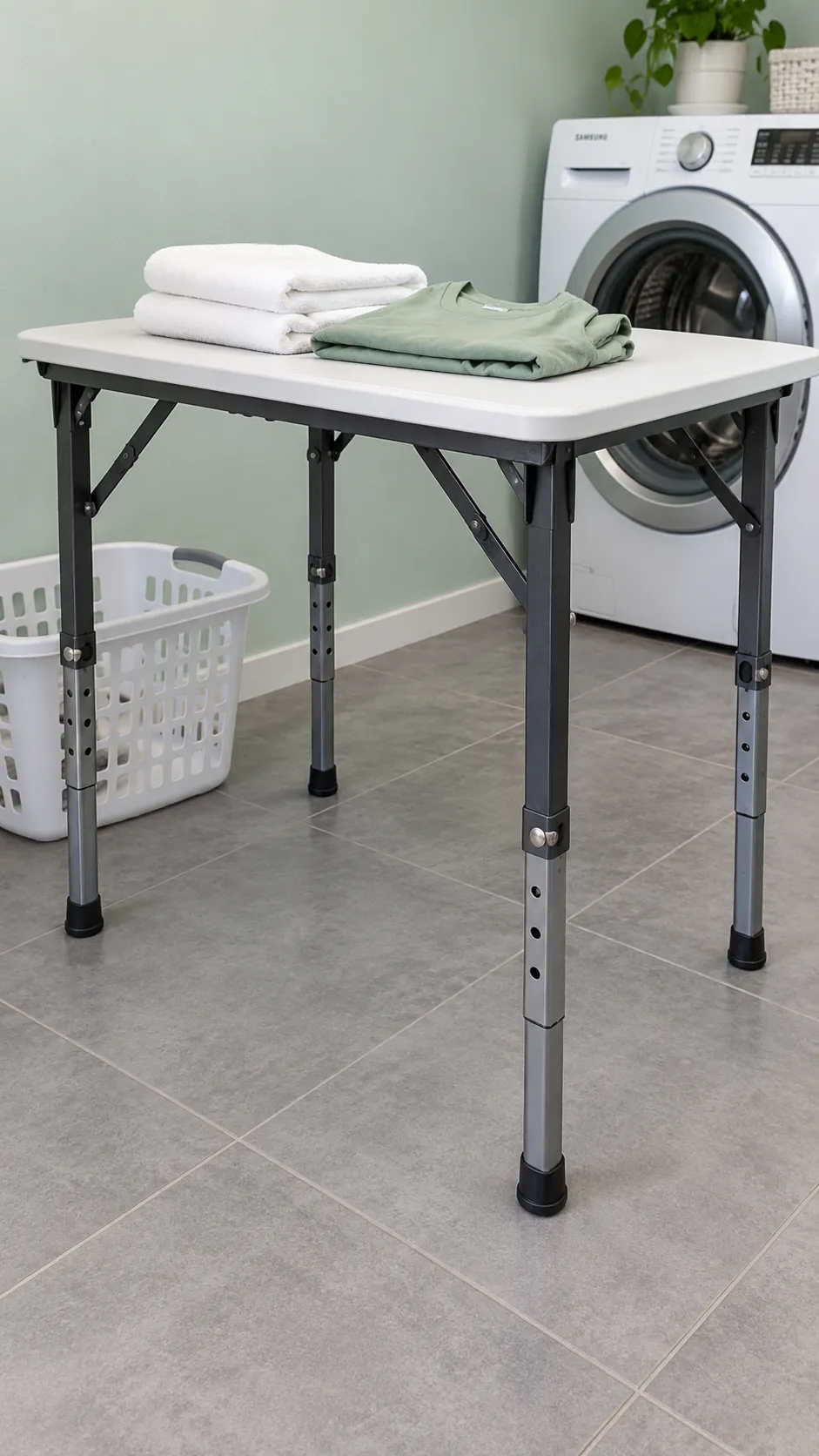 An adjustable height folding table as a temporary small laundry folding station