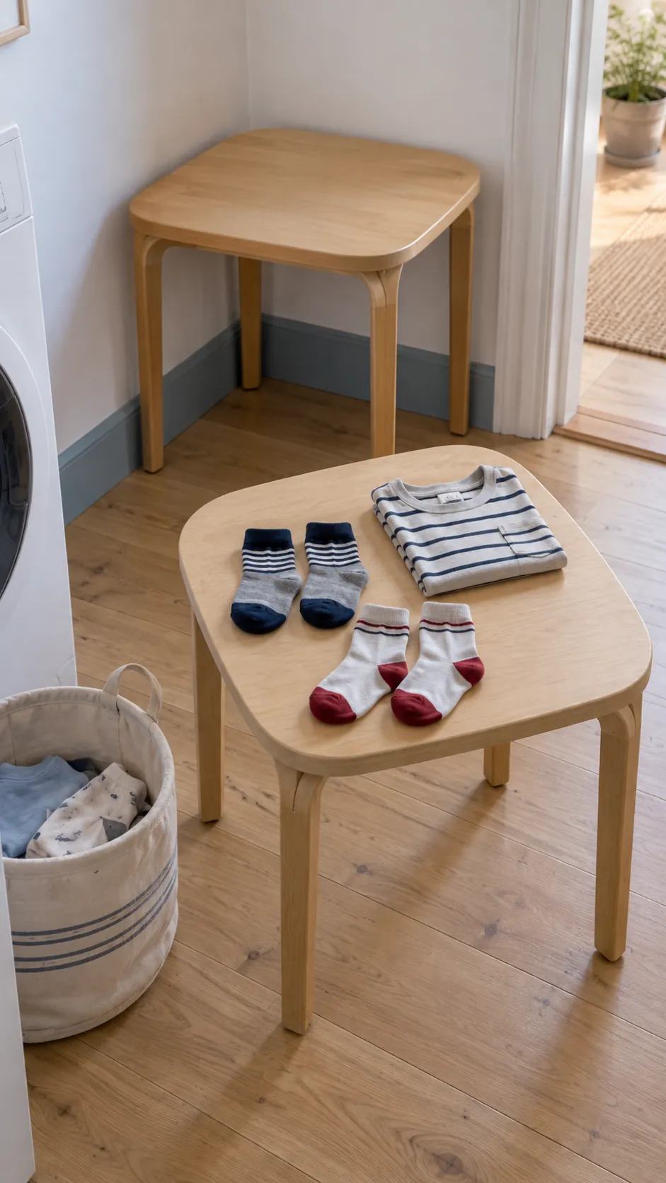 A small nesting table for socks and children's clothes as a temporary small laundry folding station