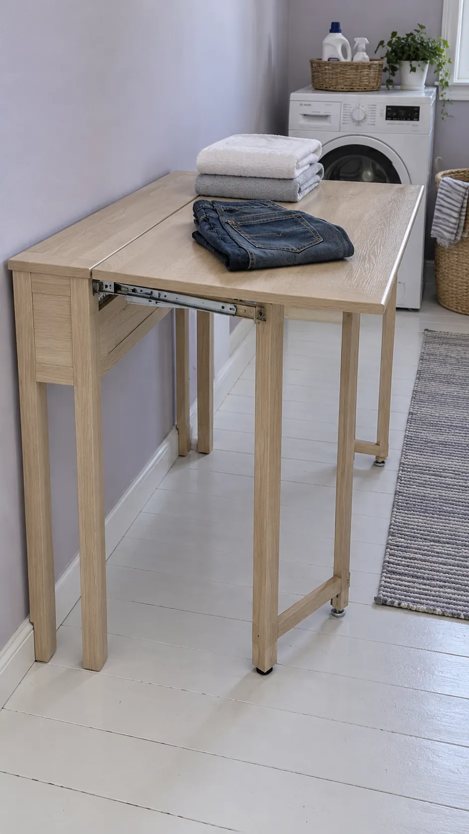A console table with an extending top as a temporary small laundry folding station
