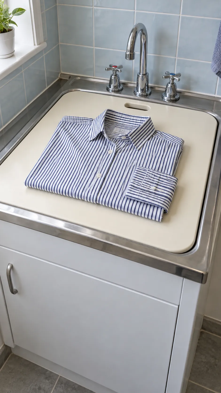 A fitted removable board over a utility sink as a temporary small laundry folding station