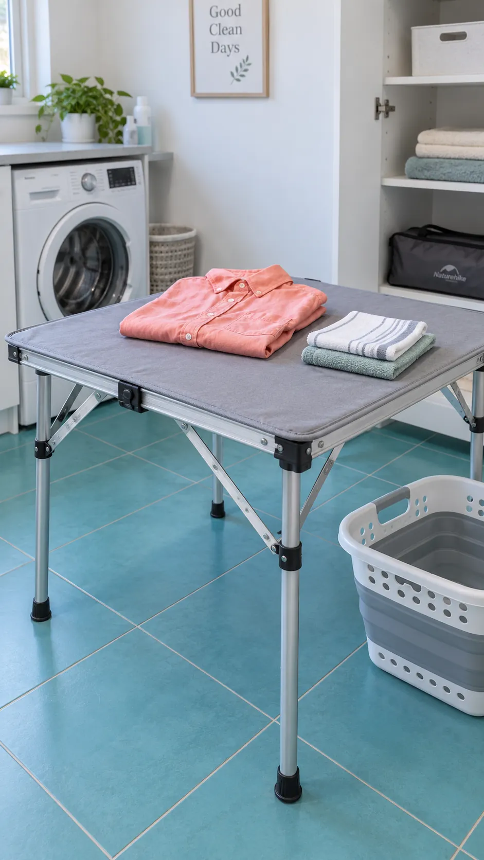 A lightweight folding camp table as a temporary small laundry folding station