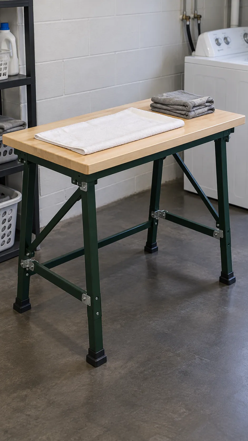 A folding workbench with a clean solid top as a temporary small laundry folding station
