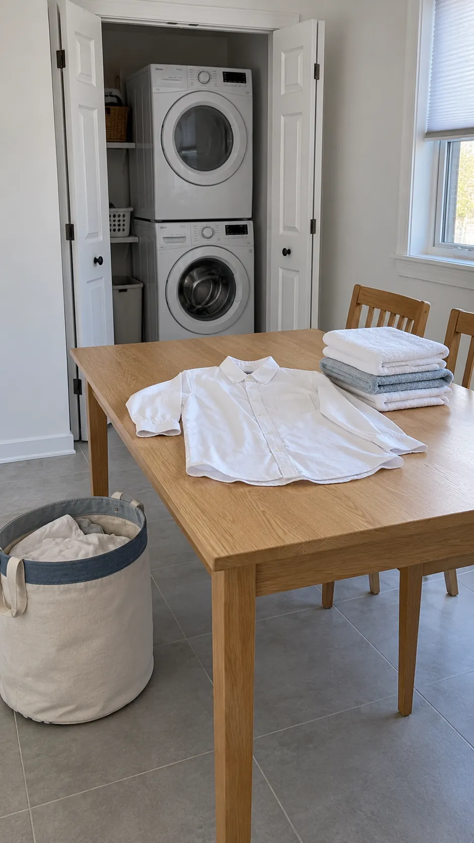 An existing table just outside the laundry closet as a temporary small laundry folding station