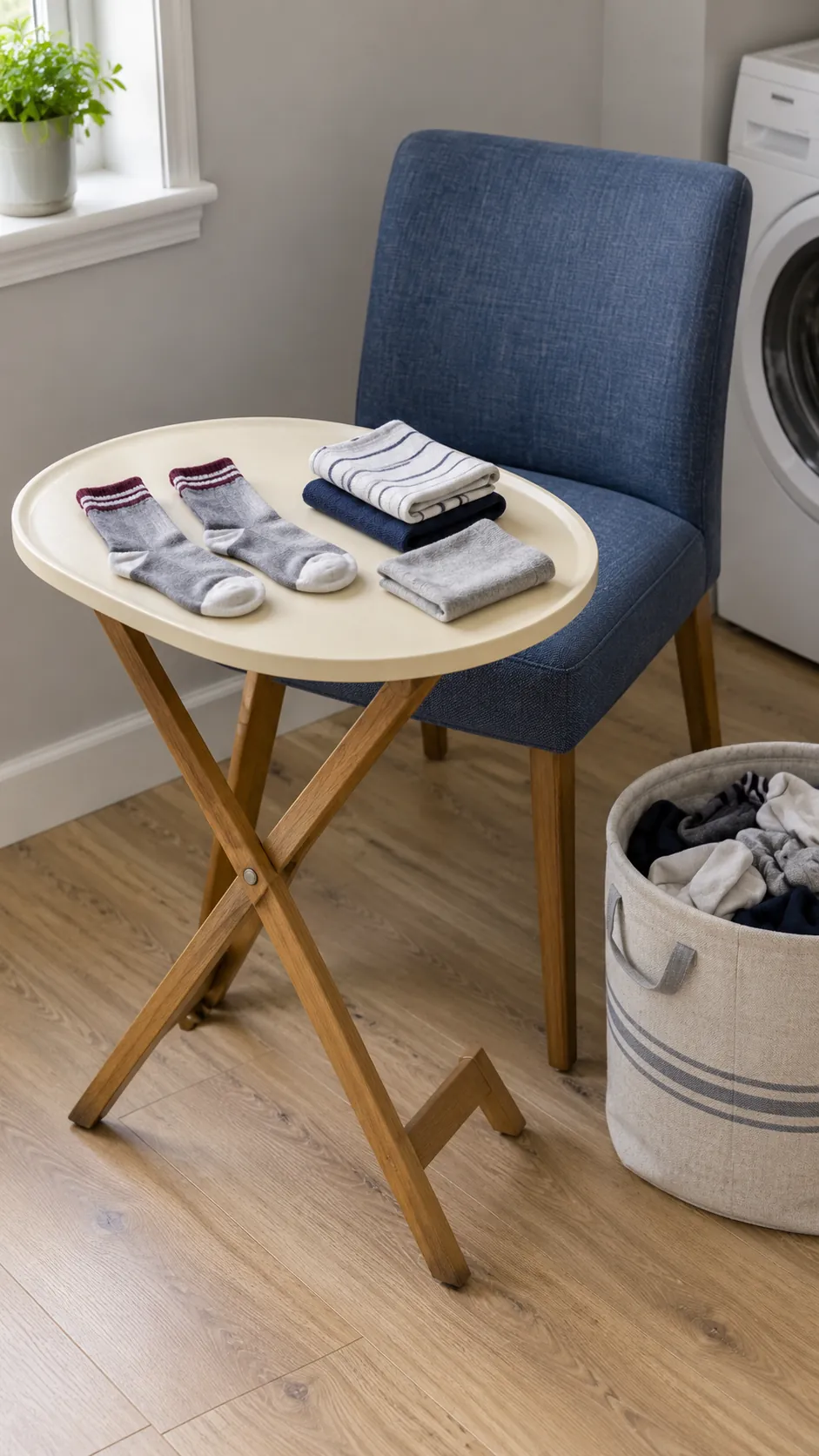 A sturdy tray table for folding while seated as a temporary small laundry folding station