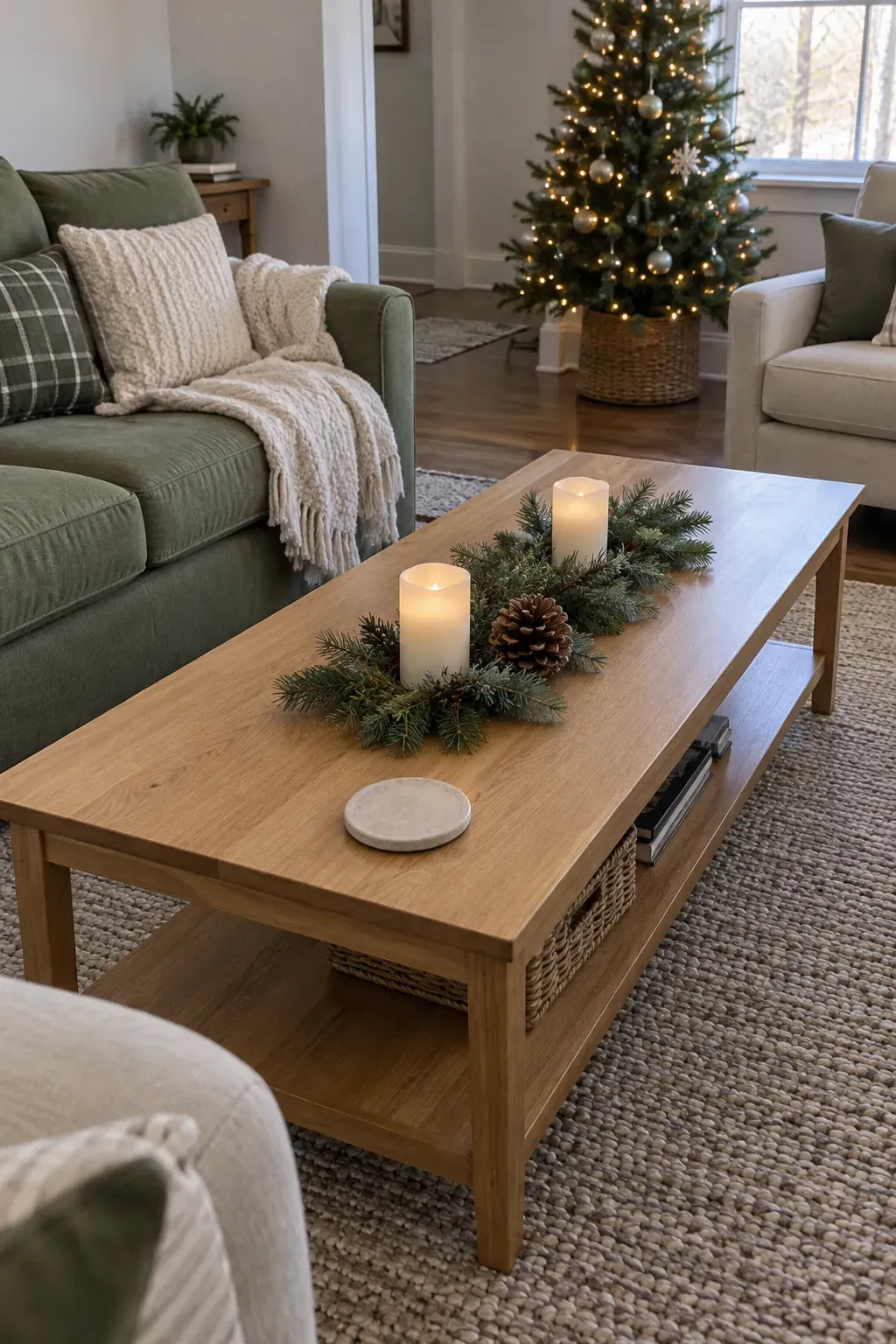 Low Christmas greenery on a usable coffee table in a comfortable green living room