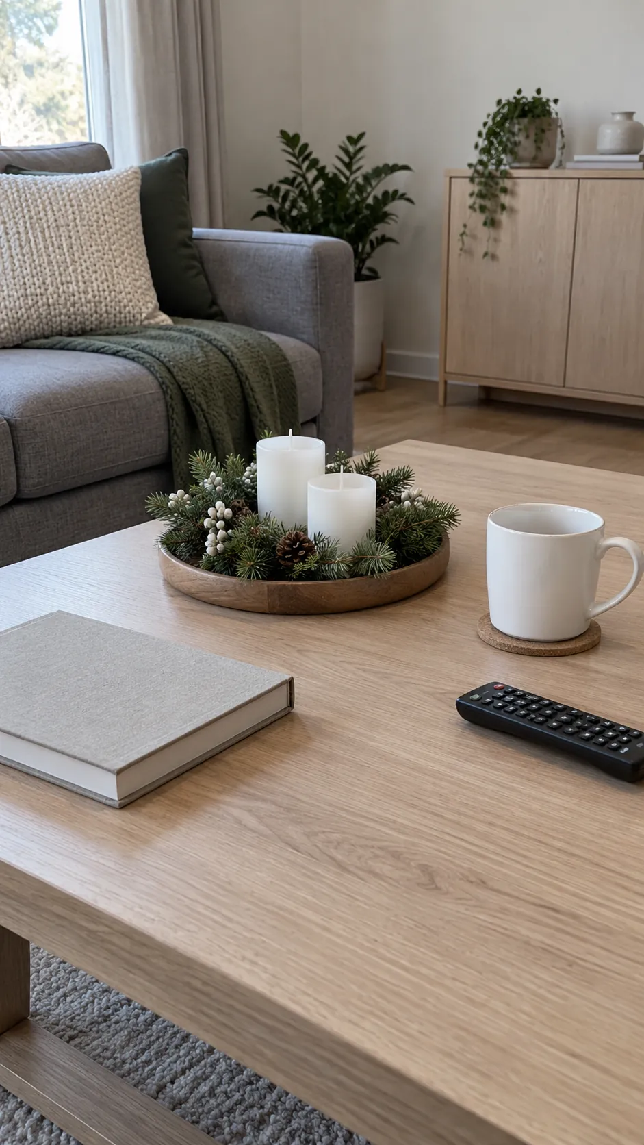 Compact Christmas tray centerpiece beside coasters on a usable coffee table