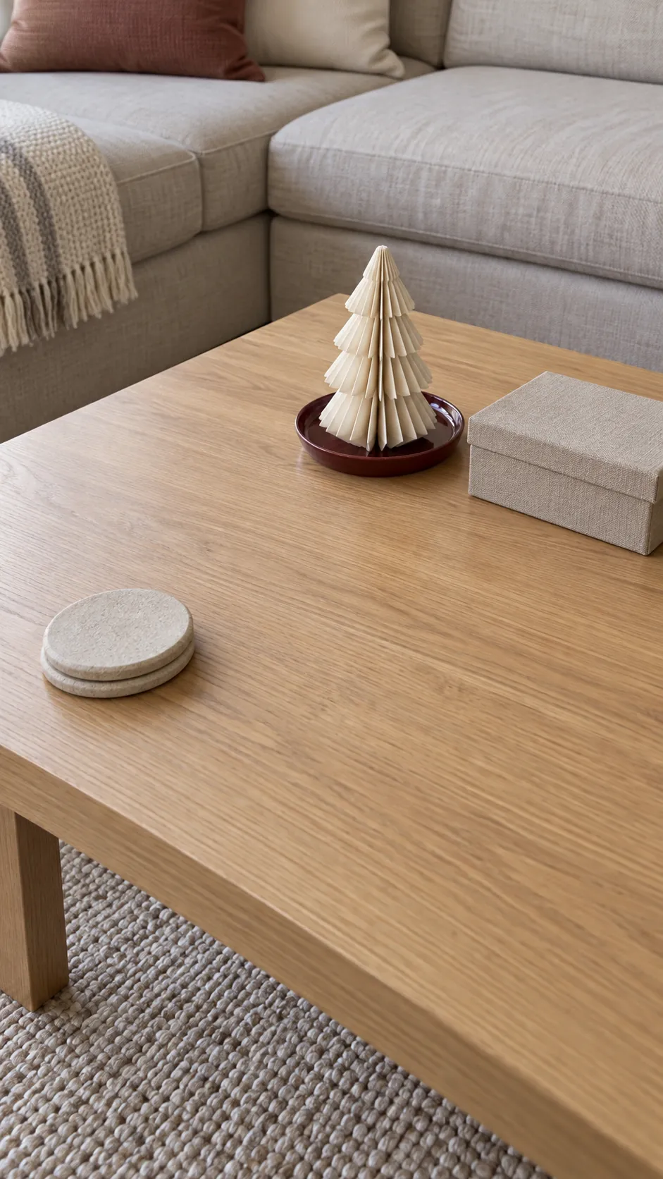 Simple Christmas coffee table display with a paper tree and useful open space