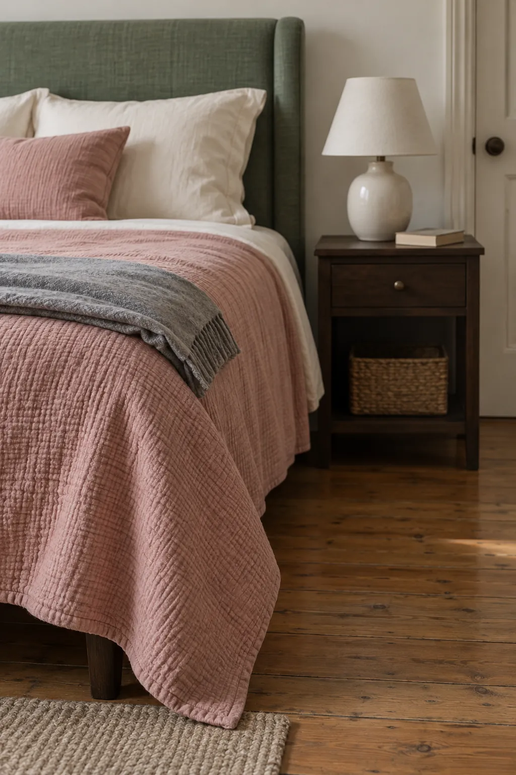 Rose bedding with a green headboard and contrasting fabric textures