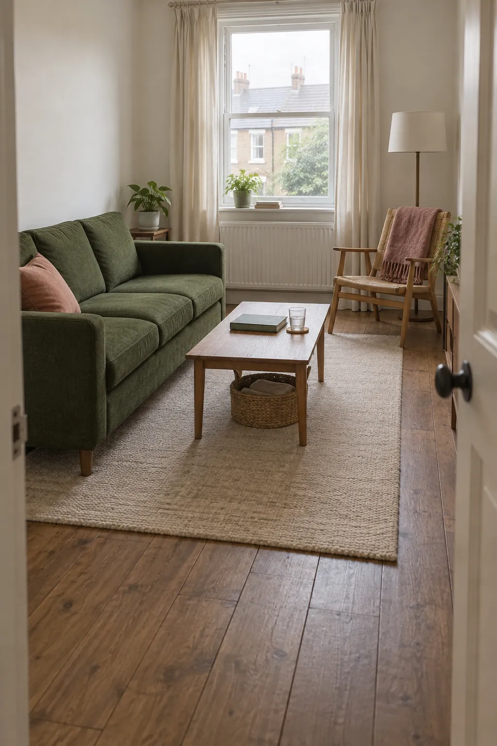 Green sofa with pink accents in a practical living room