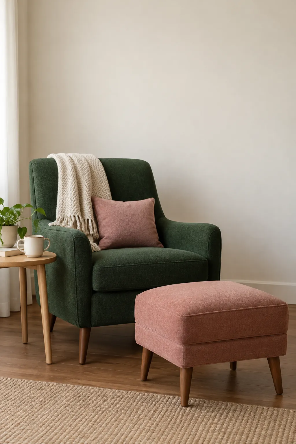 Forest green chair and dusty pink footstool in a calm reading corner