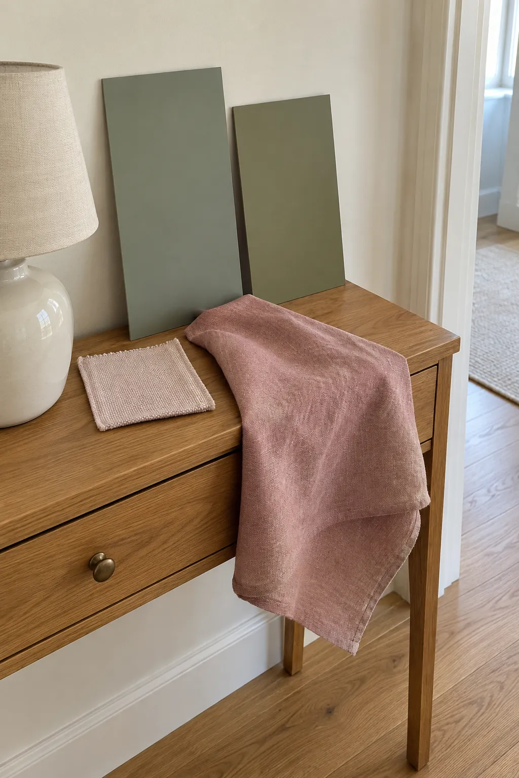 Green and dusty pink samples beside oak and cream finishes