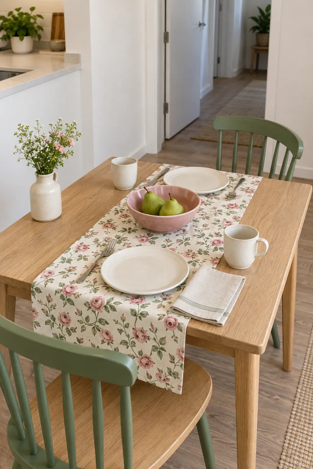 Botanical runner linking green seating and a pink bowl