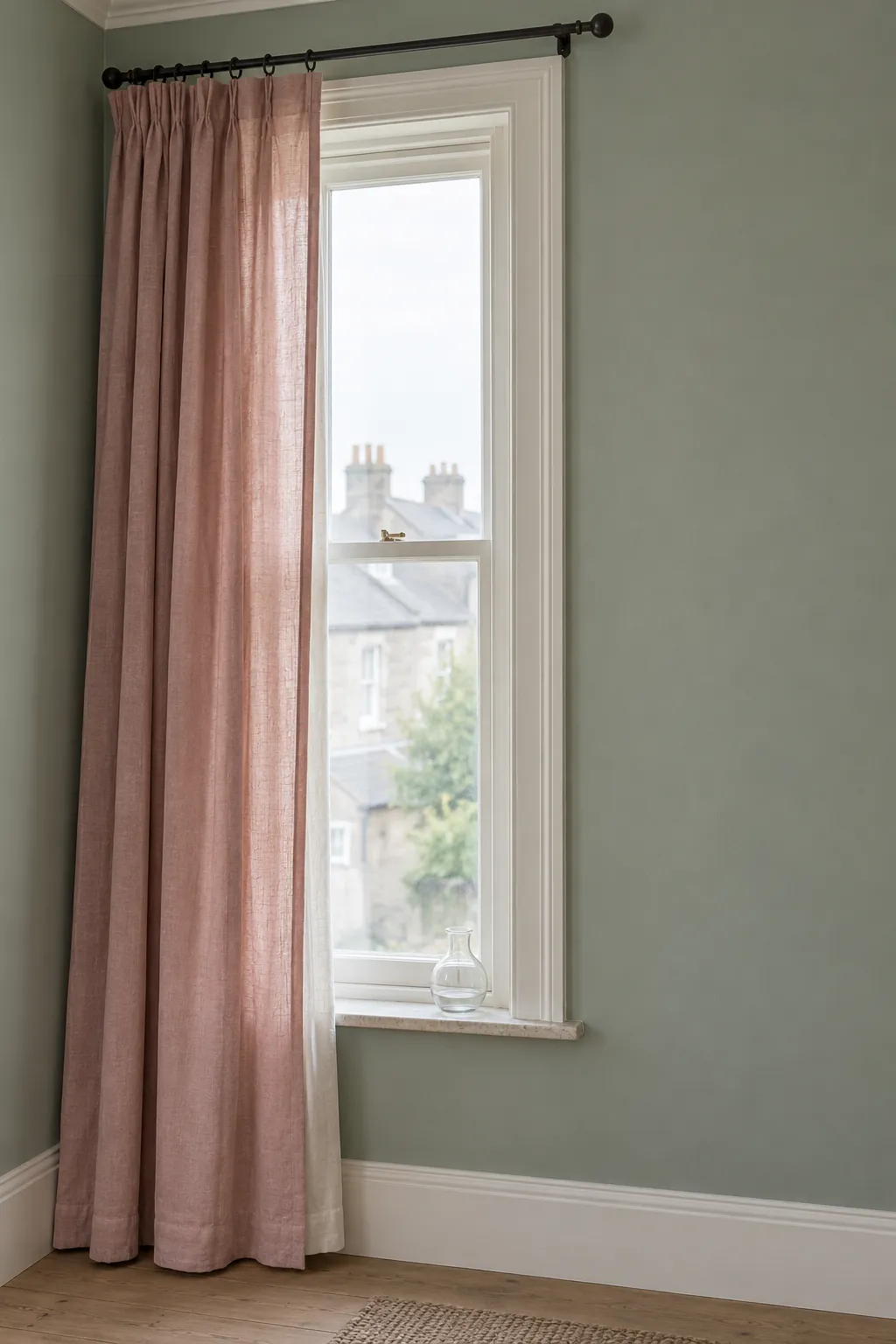 Pink linen curtains beside a gray green wall