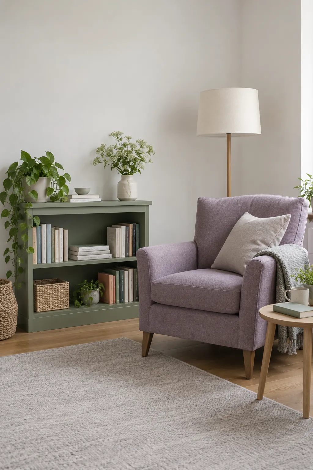 Lavender chair beside a green bookcase in a balanced sitting room
