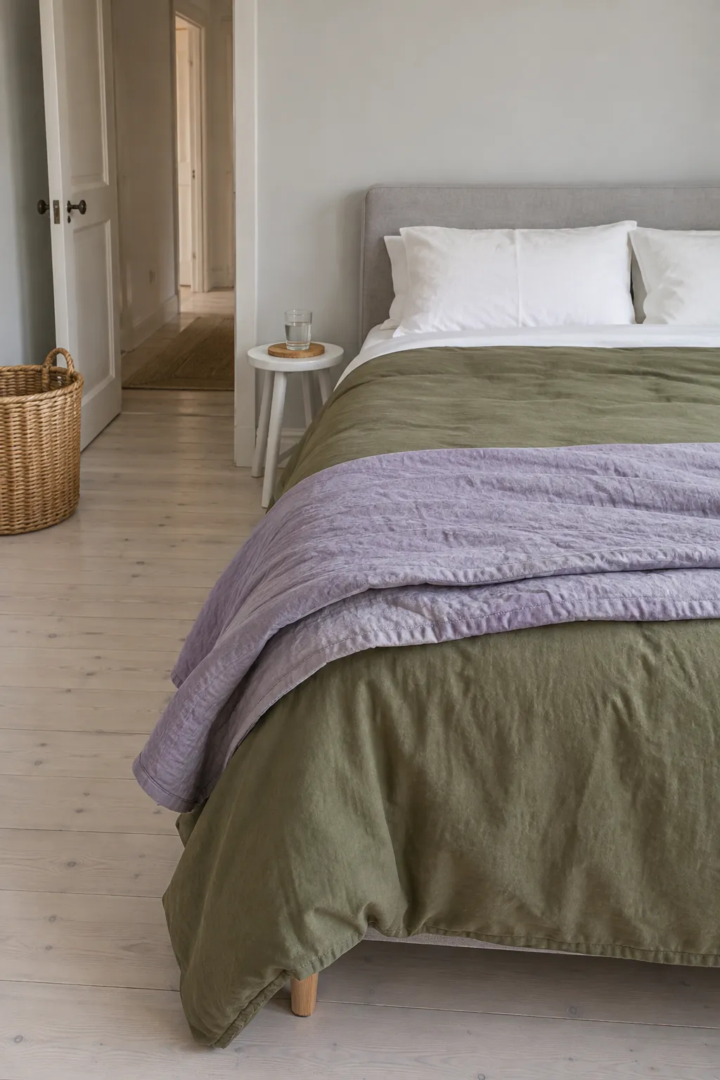 Olive bedding and lavender linen in a small neutral bedroom