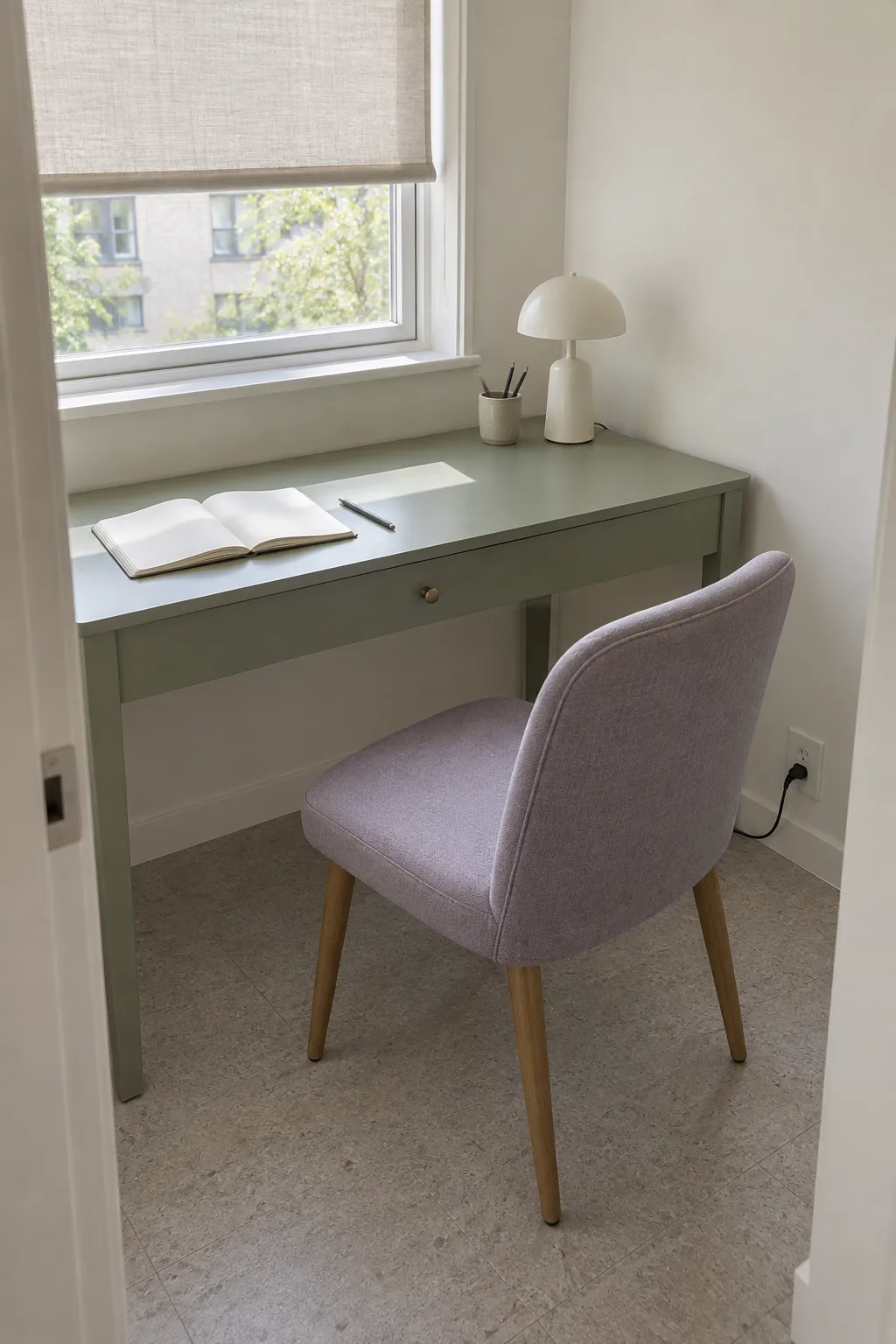 Sage green desk with a lilac chair in a light home study