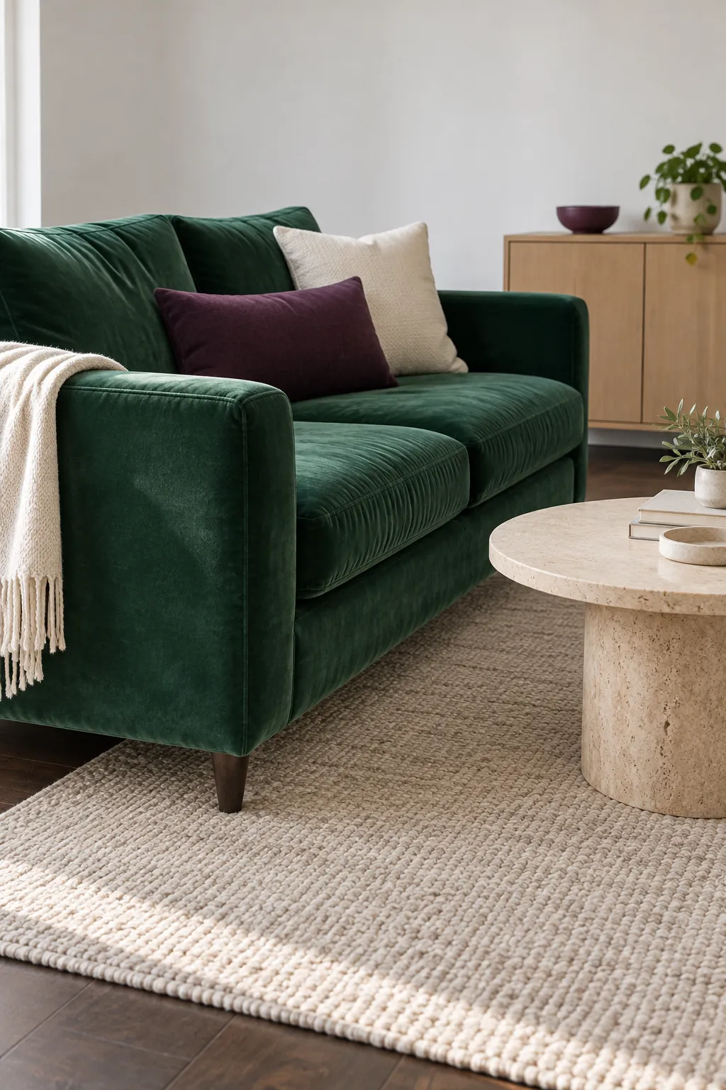Emerald sofa with restrained plum accents and pale surrounding surfaces