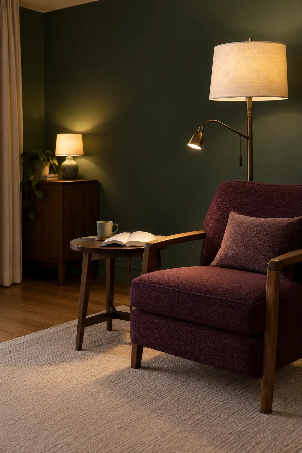Purple reading chair beside a dark green wall with practical evening lighting