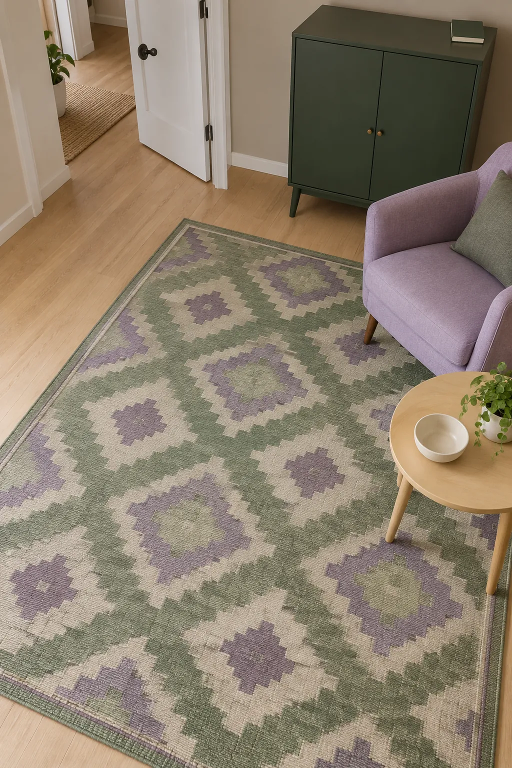 Green and purple rug connecting plain furniture in an apartment sitting area