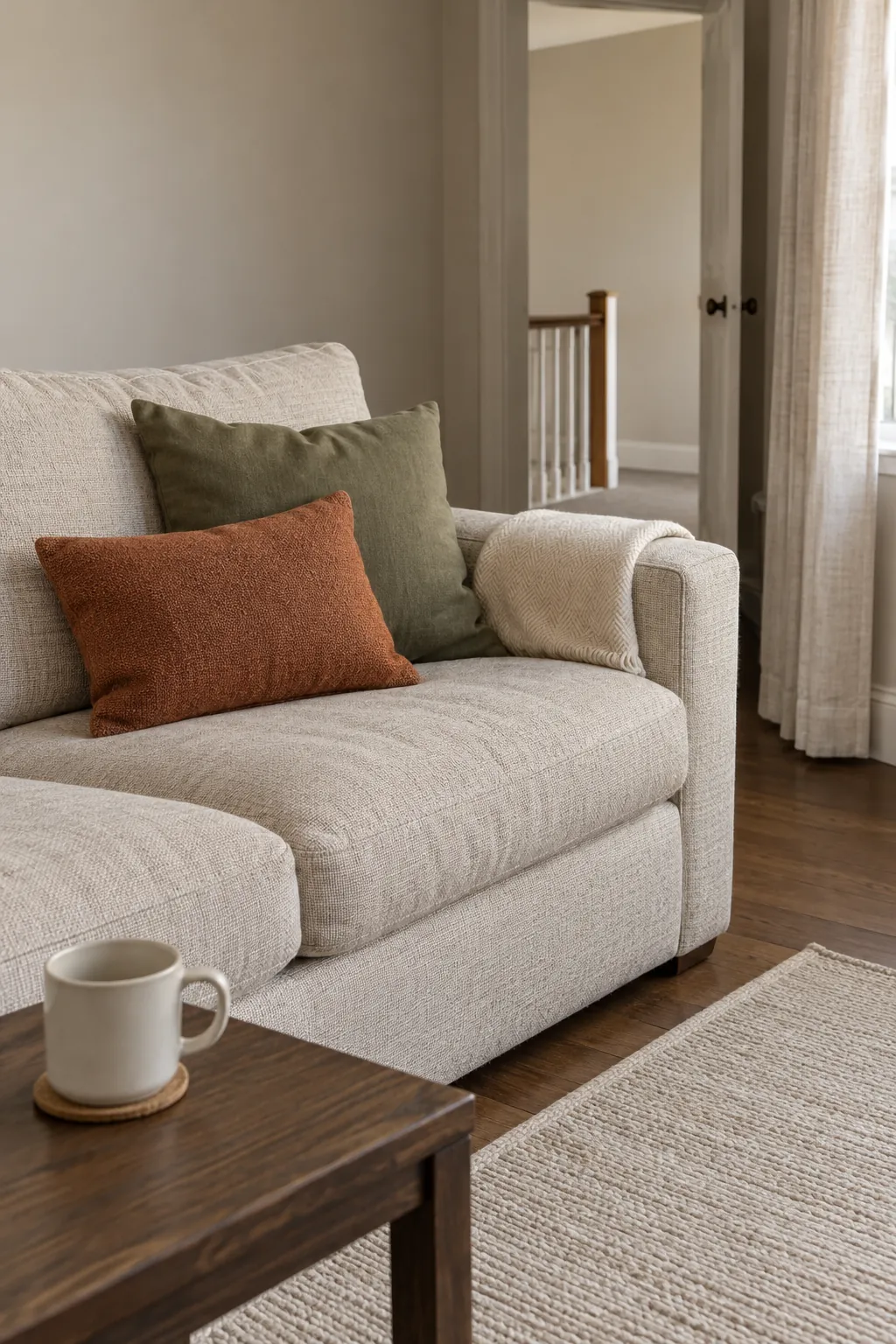 Oatmeal sofa with olive and rust textiles in an earthy sitting room