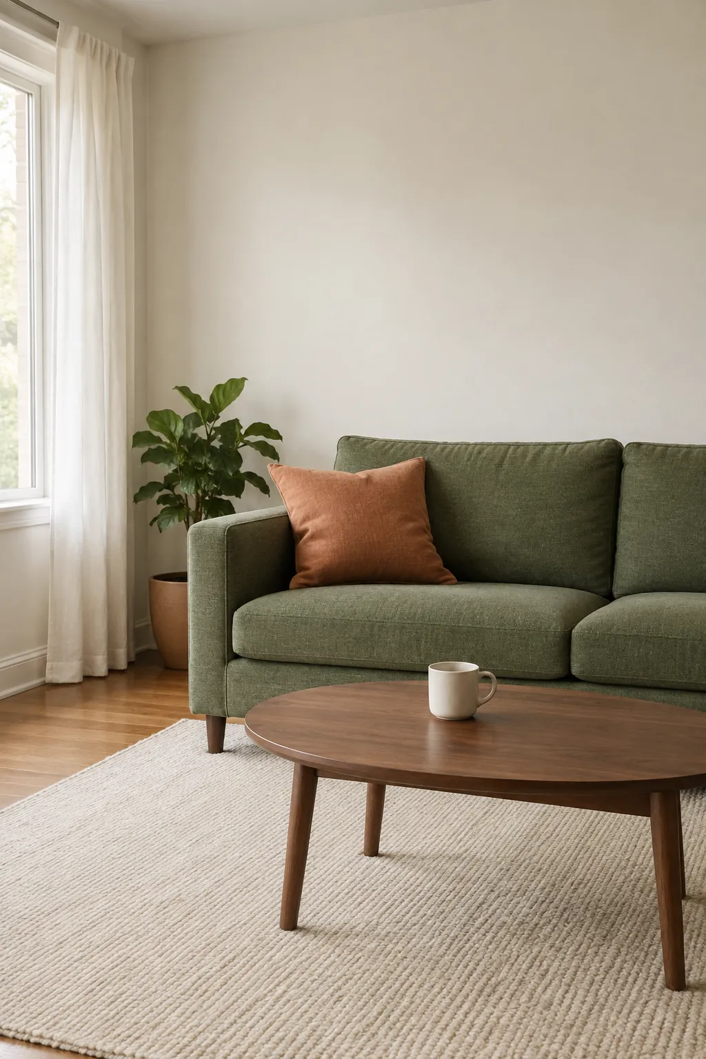 Green sofa and terracotta cushion against a cream room palette