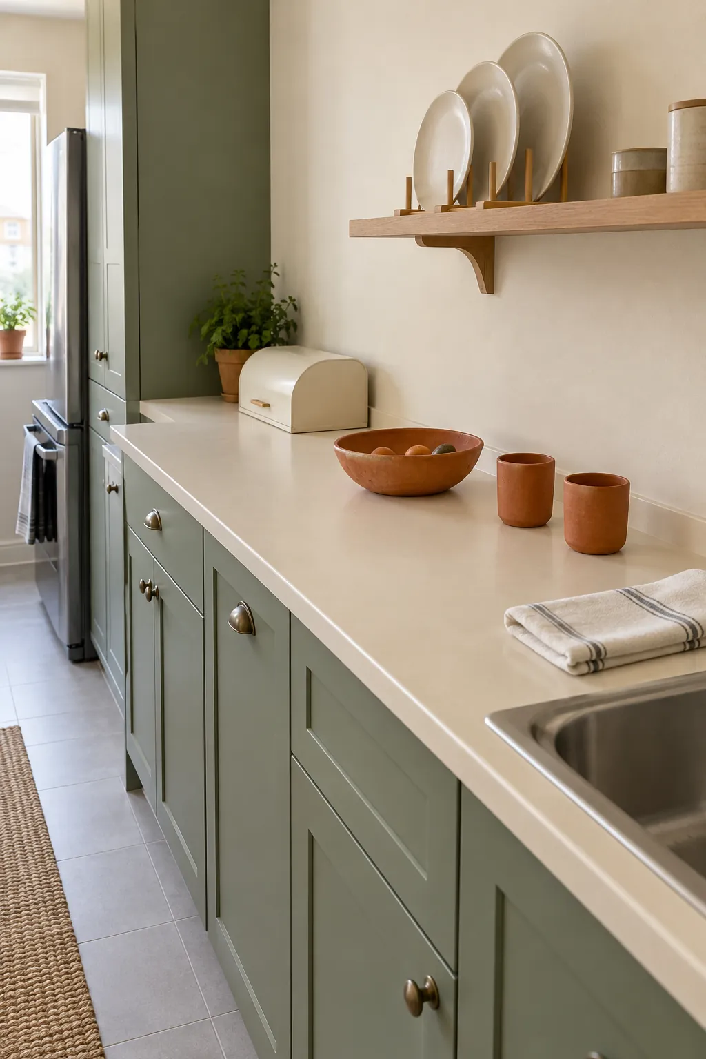 Cream kitchen surfaces with green cabinetry and terracotta accents