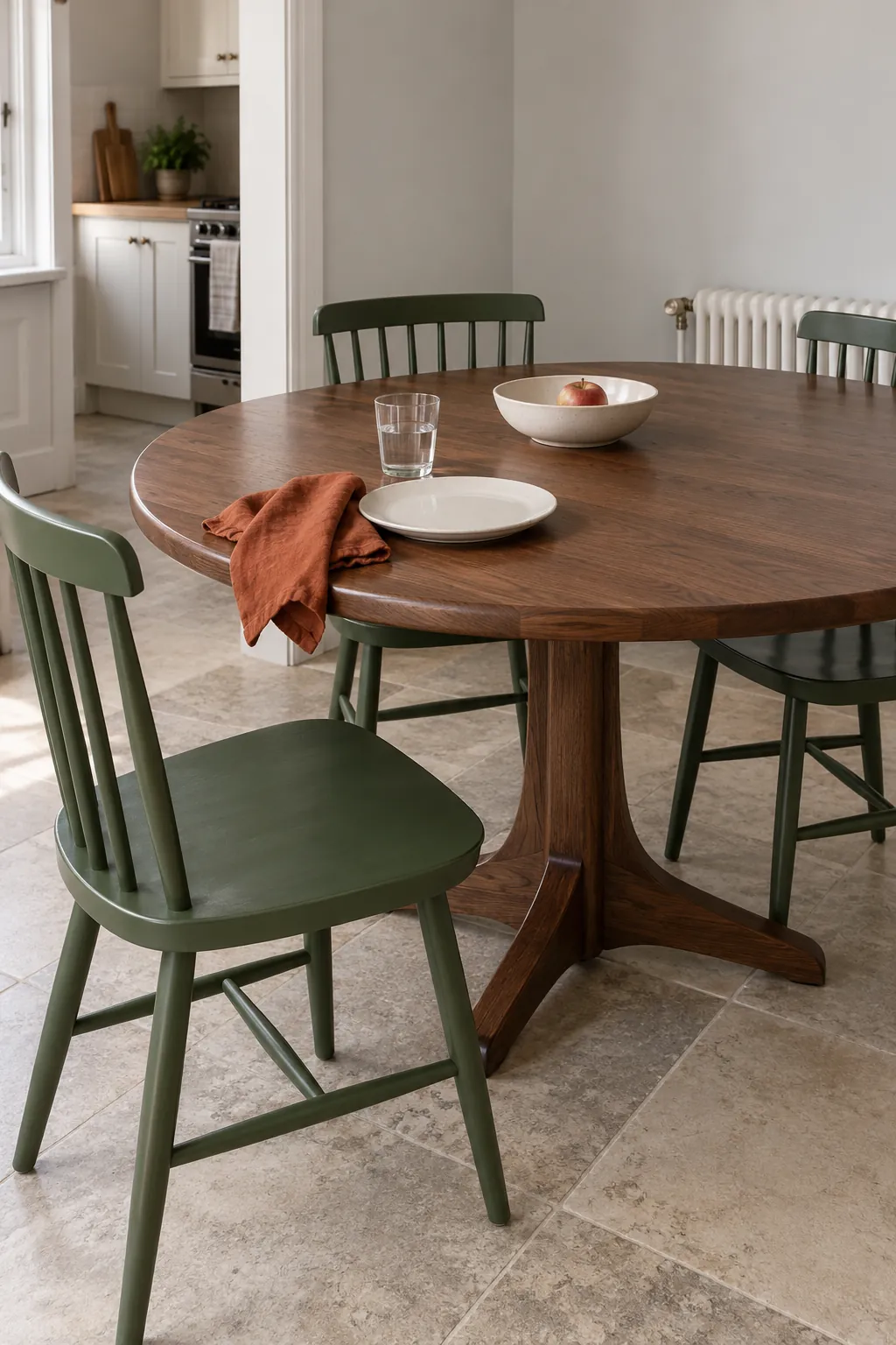Walnut dining table with green chairs and burnt orange linen