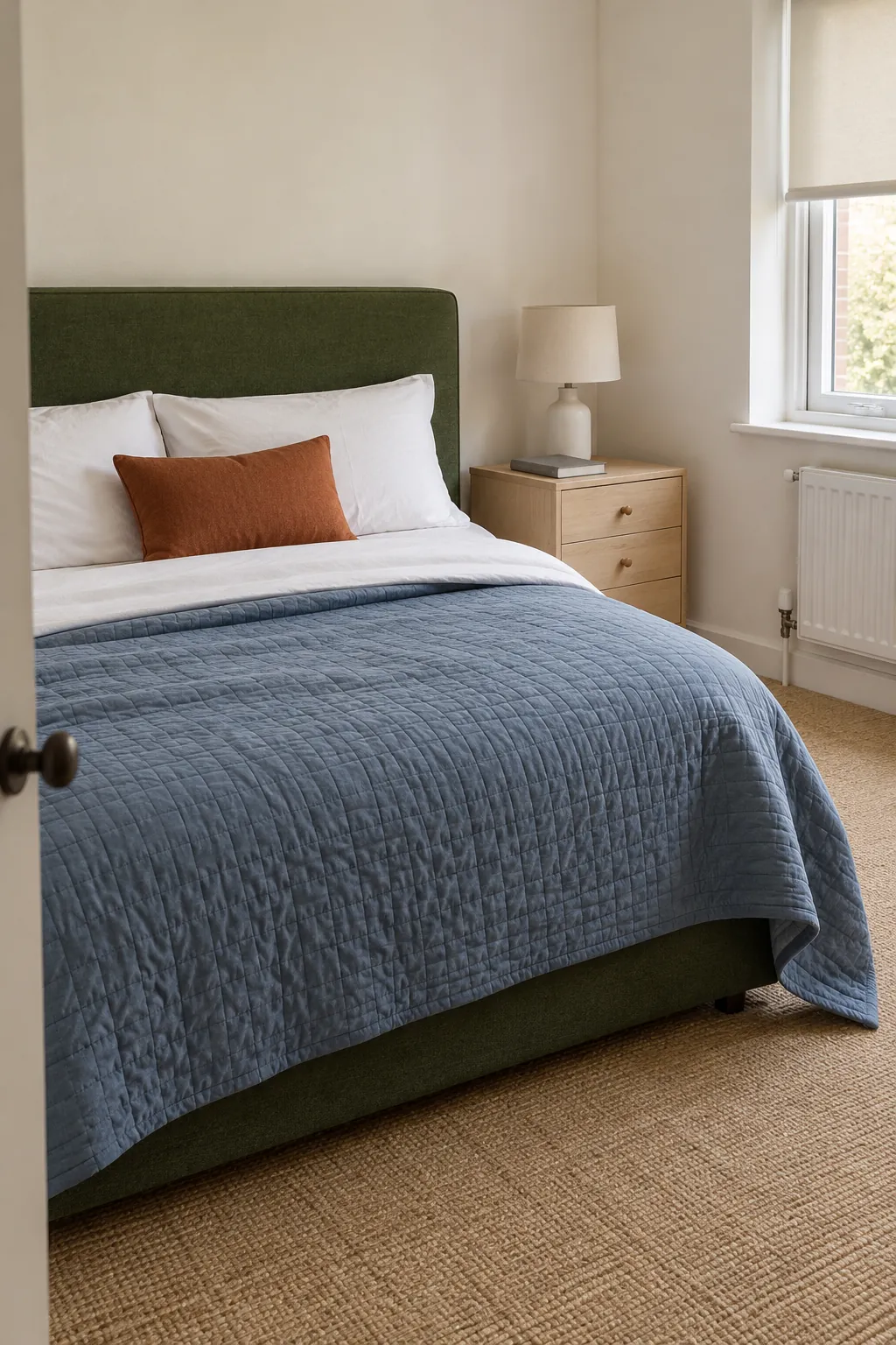 Muted blue quilt with green headboard and rust cushions in a bedroom