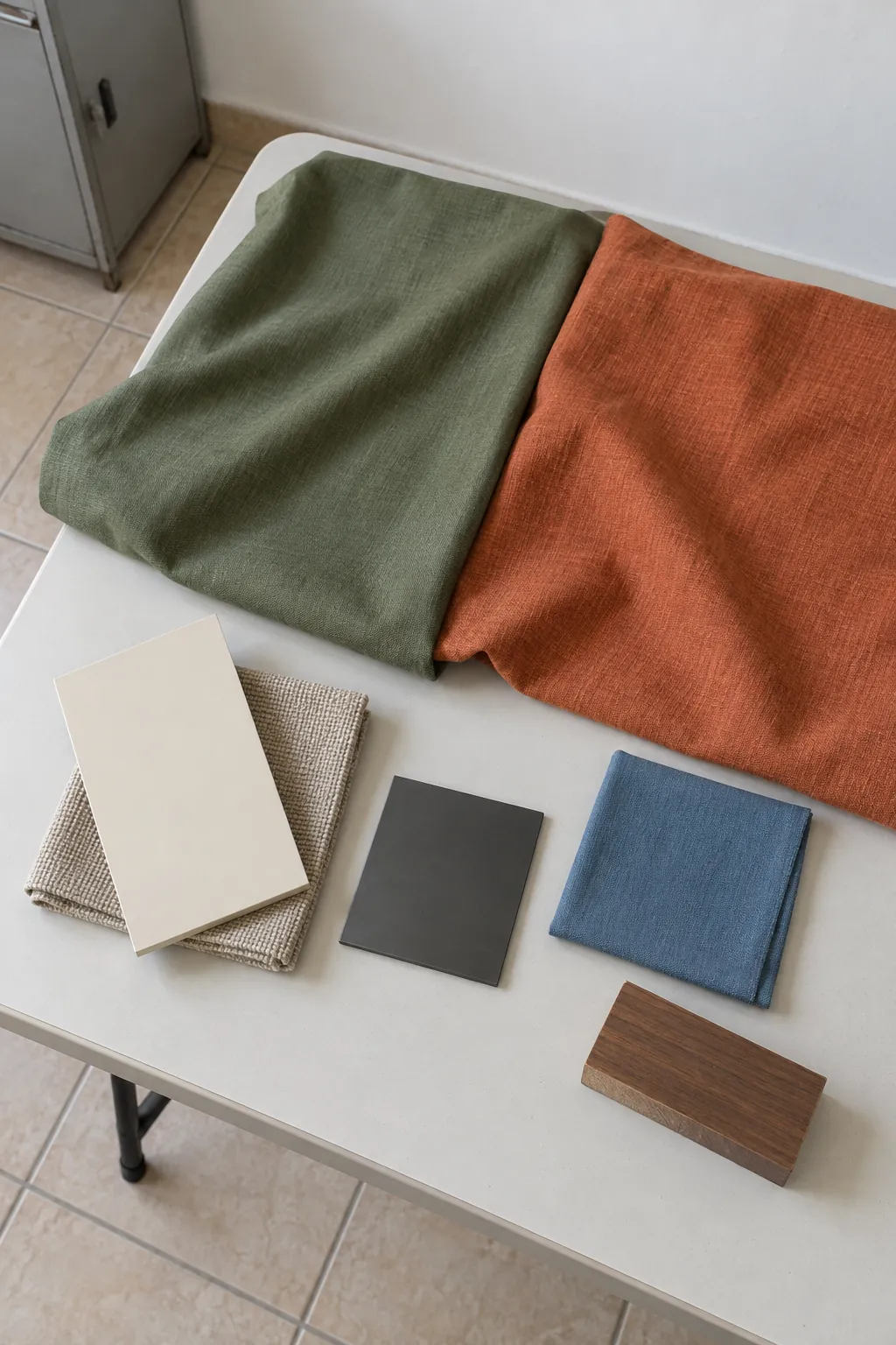Green and terracotta samples compared with cream beige charcoal and blue at home