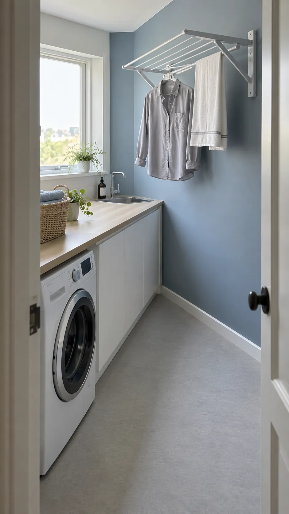 Wall drying rack above a laundry counter beside a clear narrow aisle