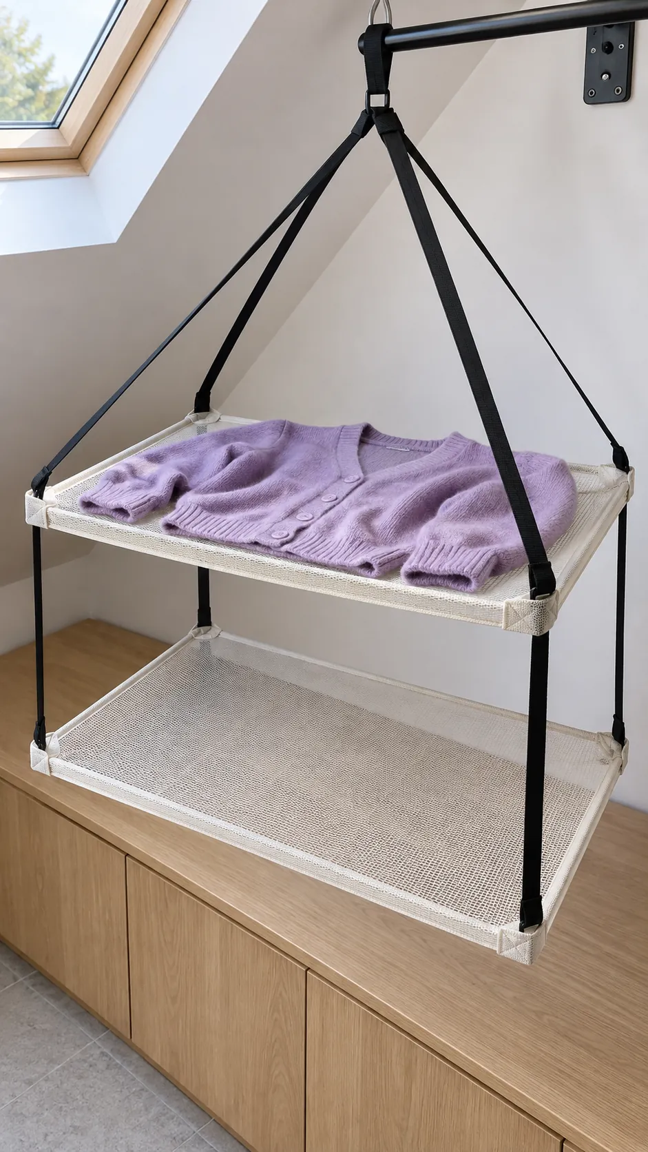 suspended mesh shelf for knits