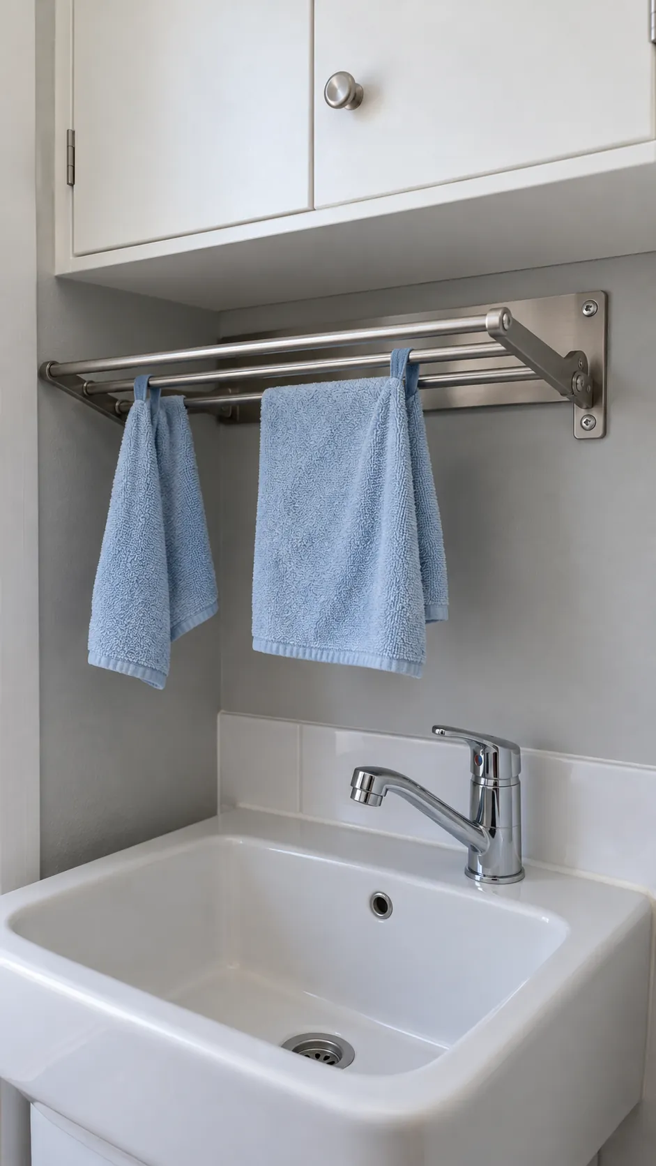 rack beneath a high wall cabinet