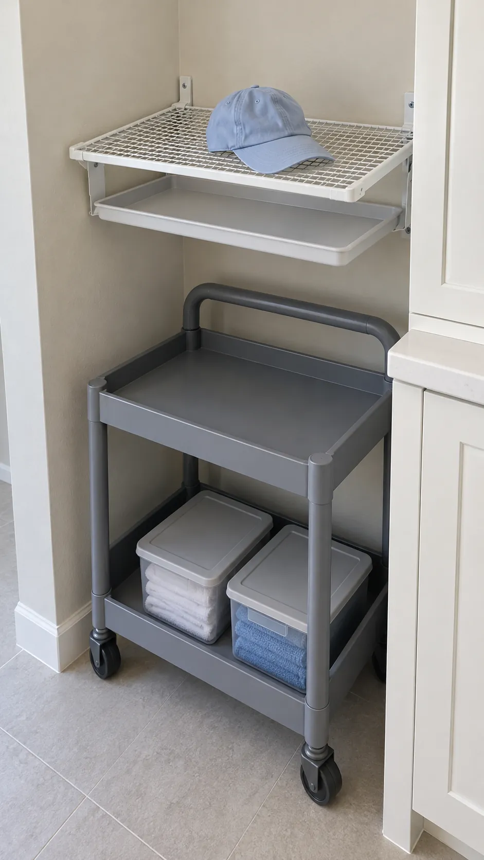 drying shelf above a utility cart parking bay
