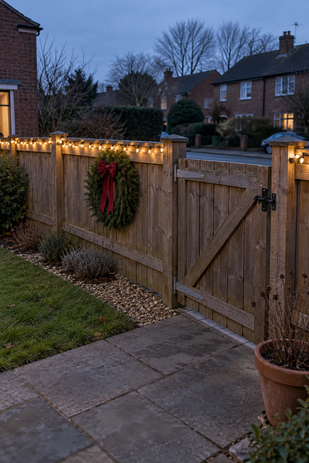 White Christmas lights along a cedar fence beside a clear garden gate