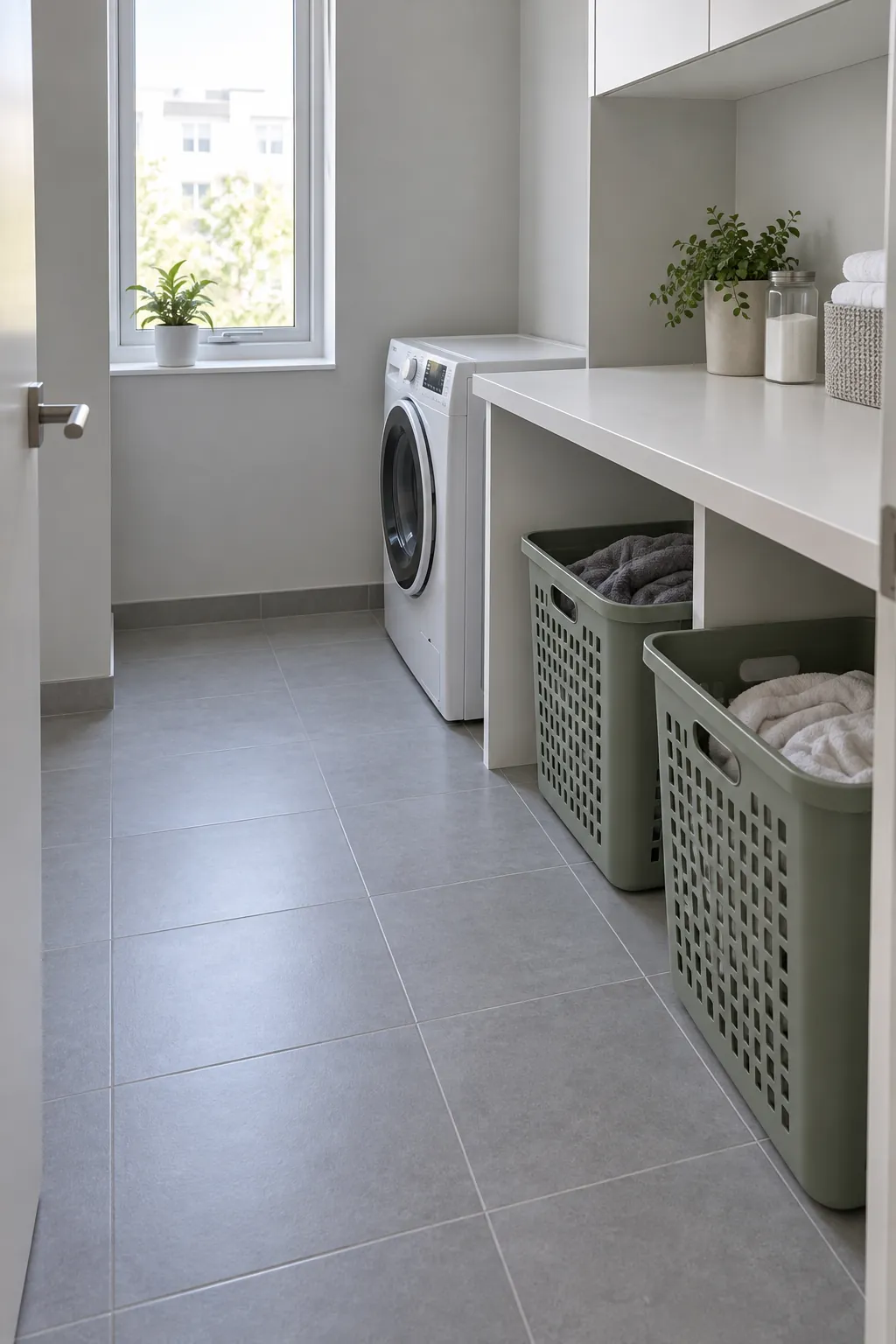 Recessed baskets below a counter beside a clear narrow laundry aisle