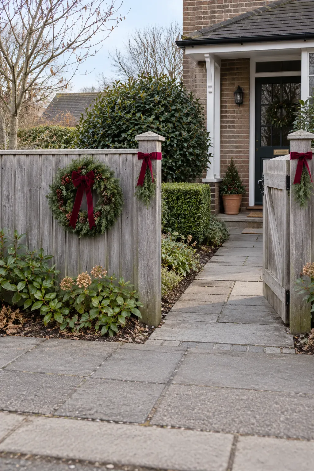 Evergreen wreath and short red ribbons on a fence beside a clear garden gate