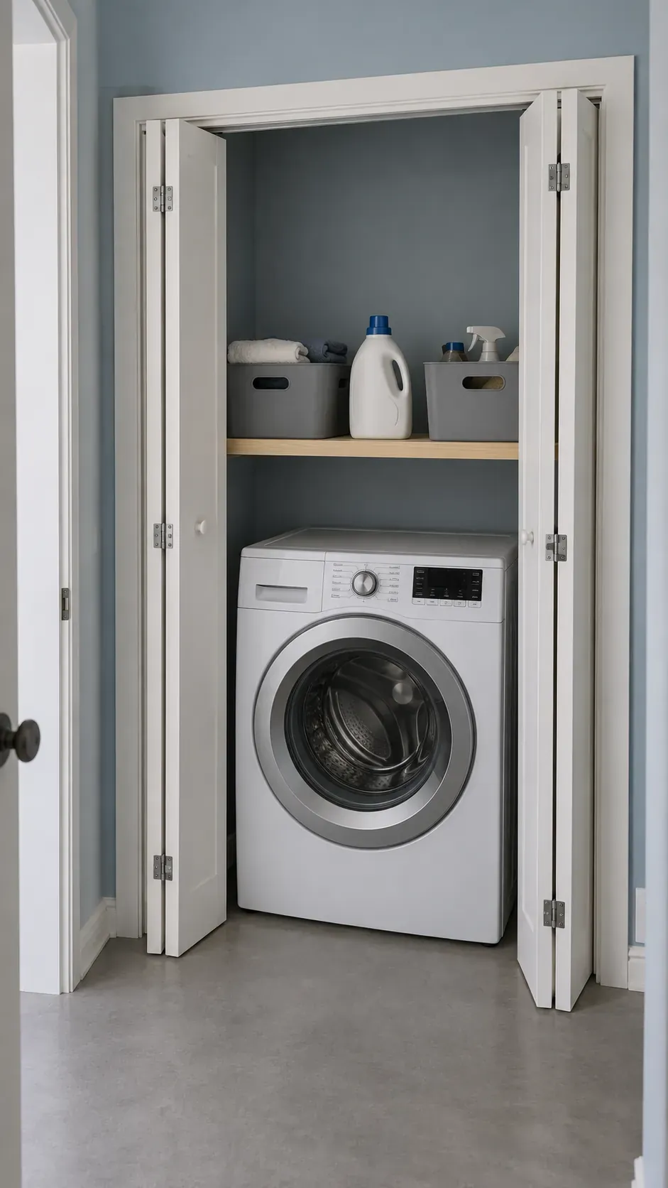 Central laundry supplies accessible between folded bifold door panels