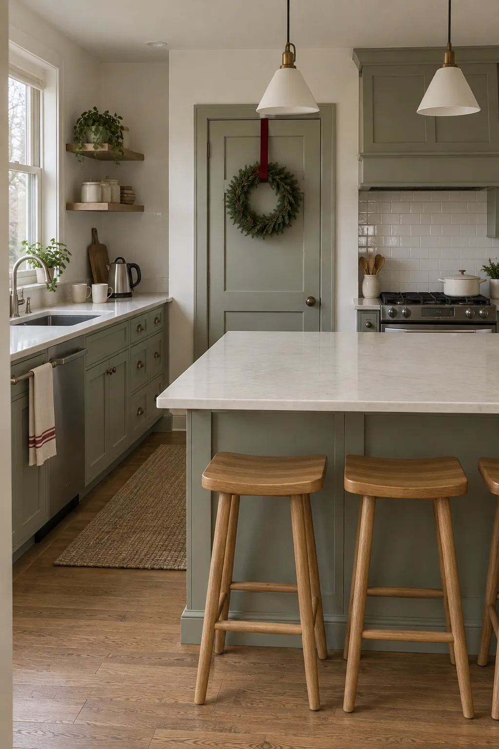 Christmas kitchen with a pantry wreath and clear island preparation space