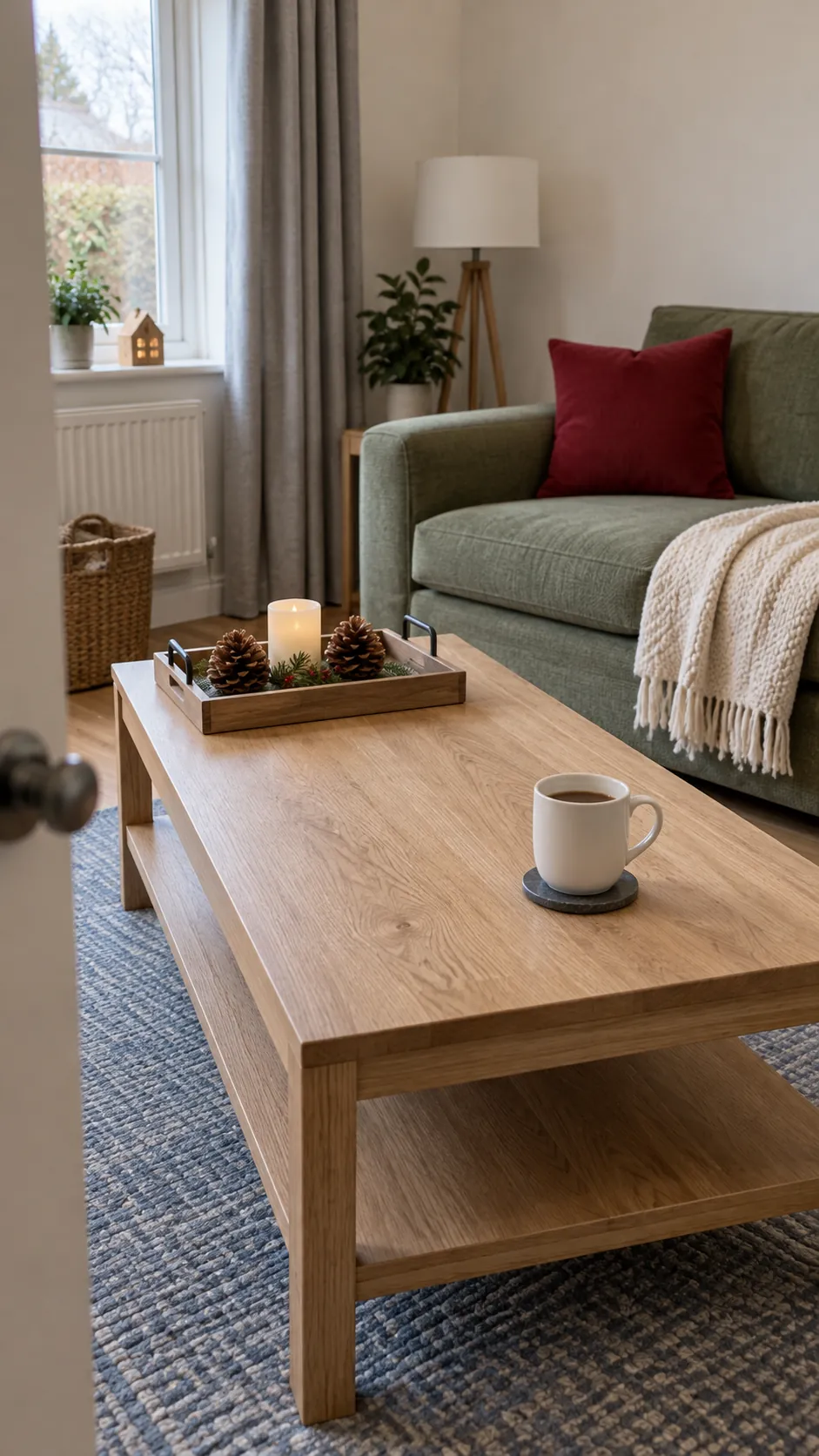 Living room coffee table with a low Christmas tray and space for everyday use
