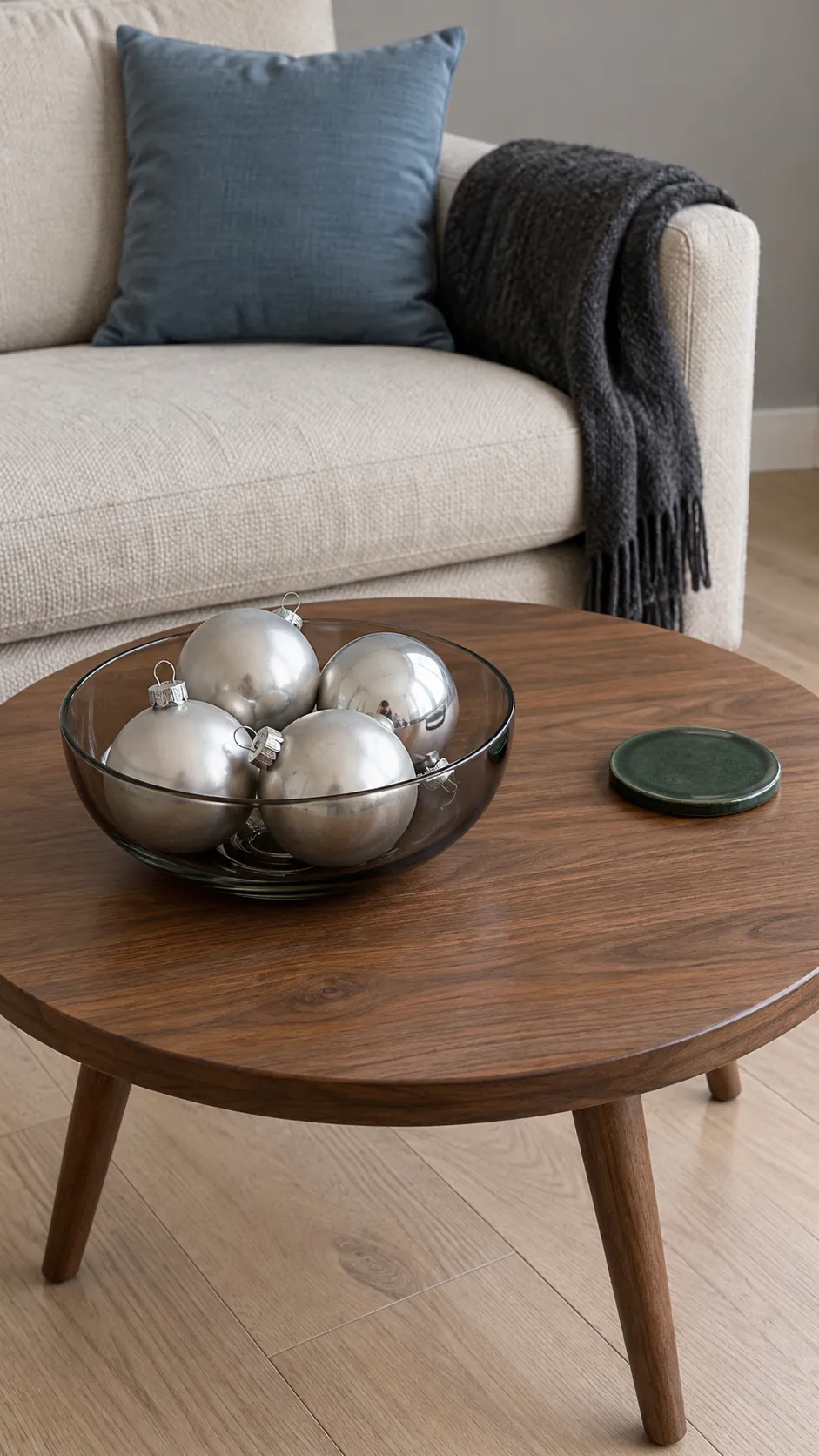 Contain silver ornaments in a shallow bowl on a Christmas coffee table