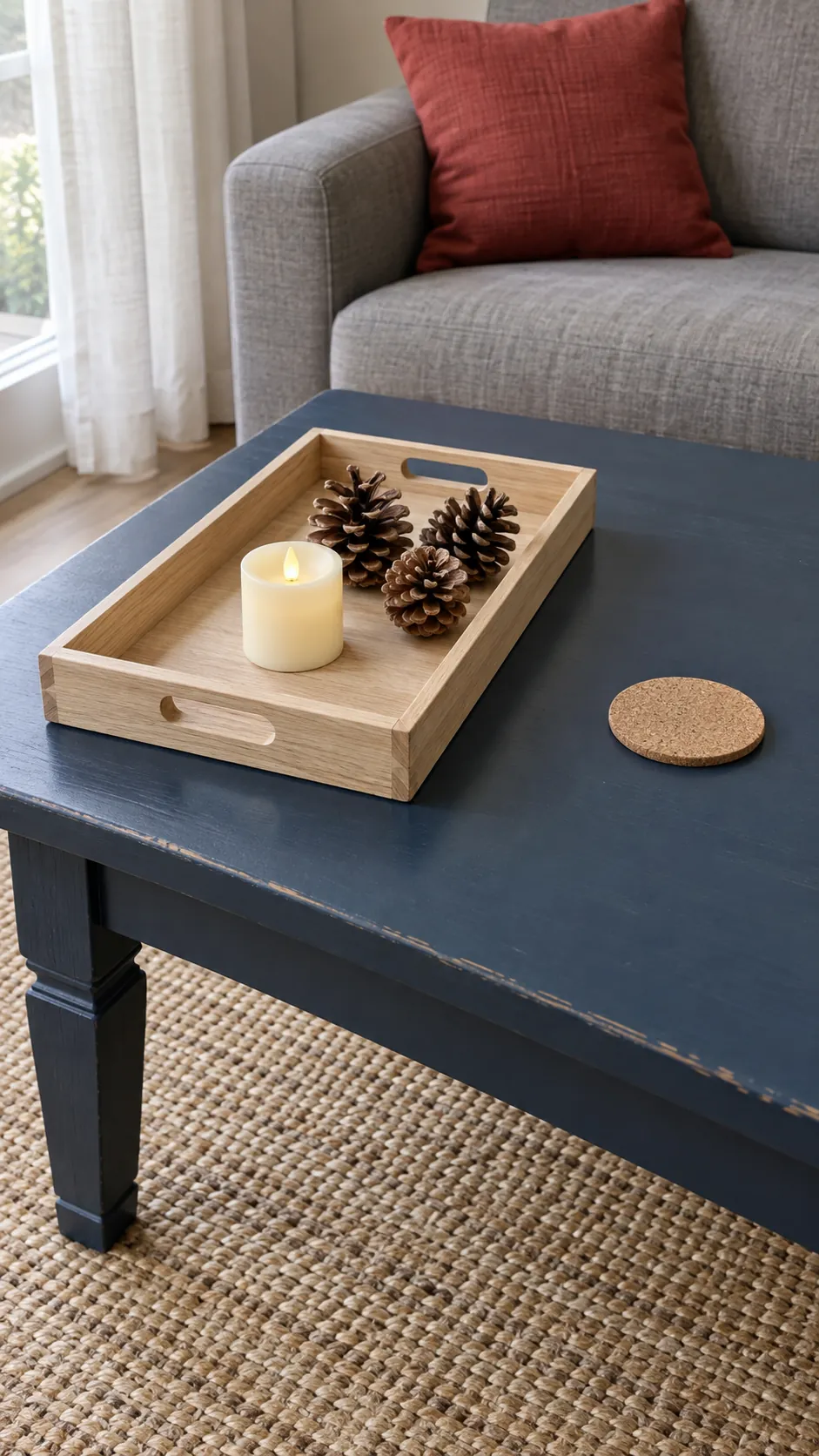 Group a battery candle and pinecones on a handled tray on a Christmas coffee table