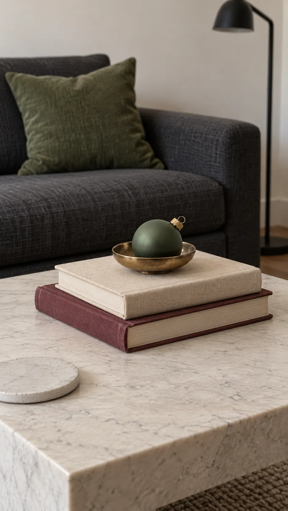 Give a favorite ornament a place on a book stack on a Christmas coffee table
